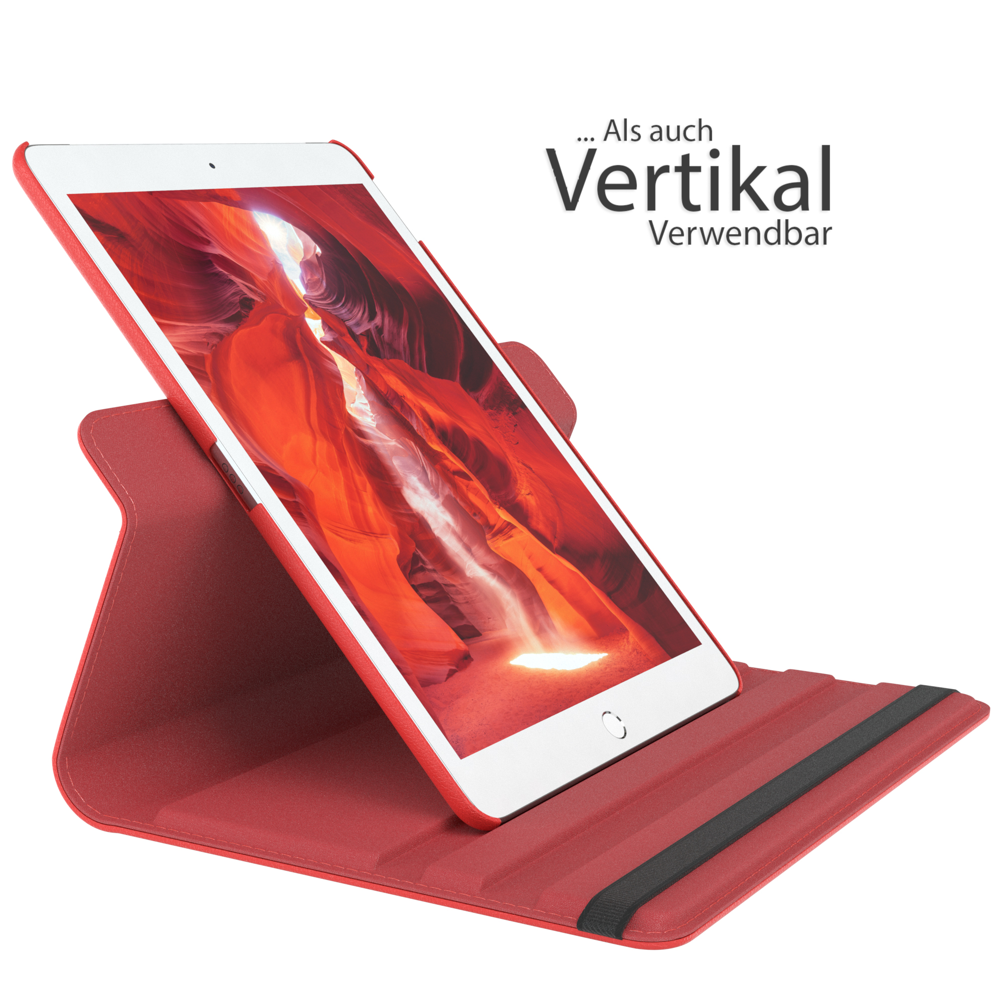 Rote Tablethülle mit Tablet und Ständer.