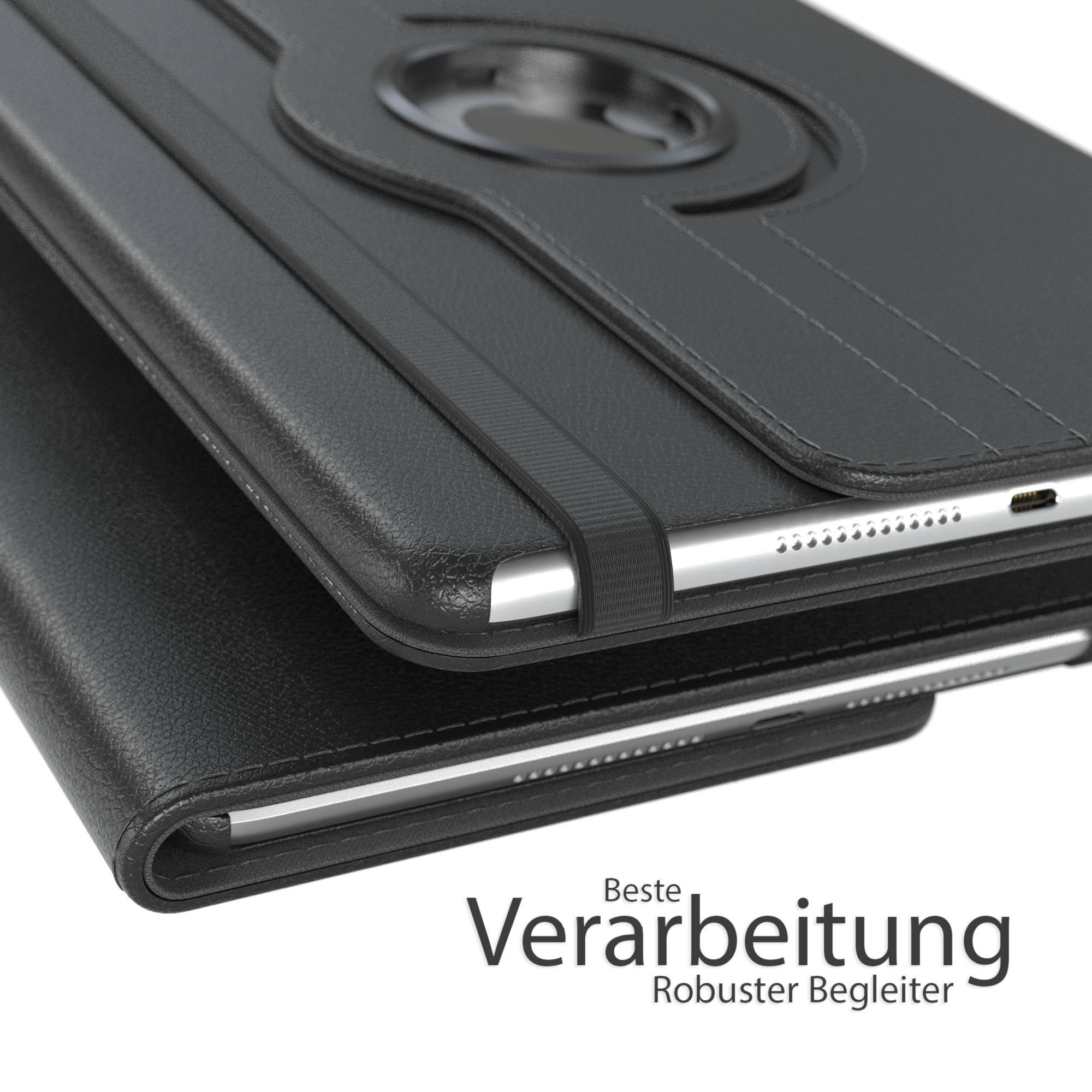 Schwarze Tablethülle mit Nahaufnahme des Tablets und der Hülle.