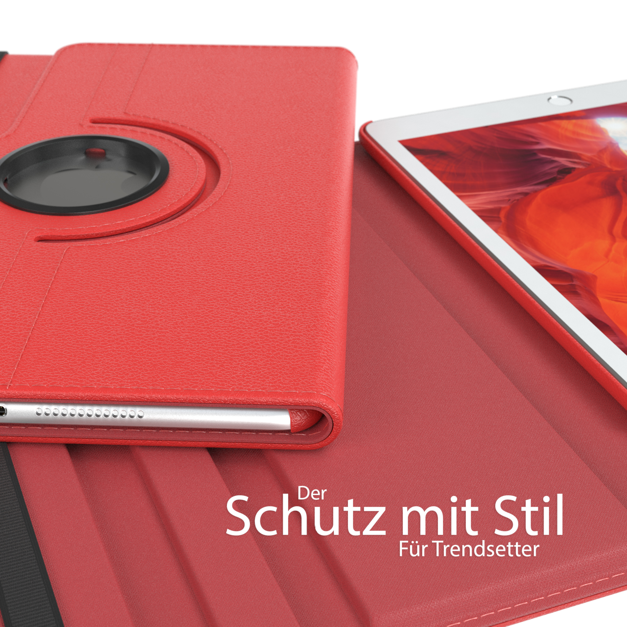Eine rote Tablethülle mit schwarzem Akzent liegt auf einem Tisch. Text: 'Der Schutz mit Stil'.