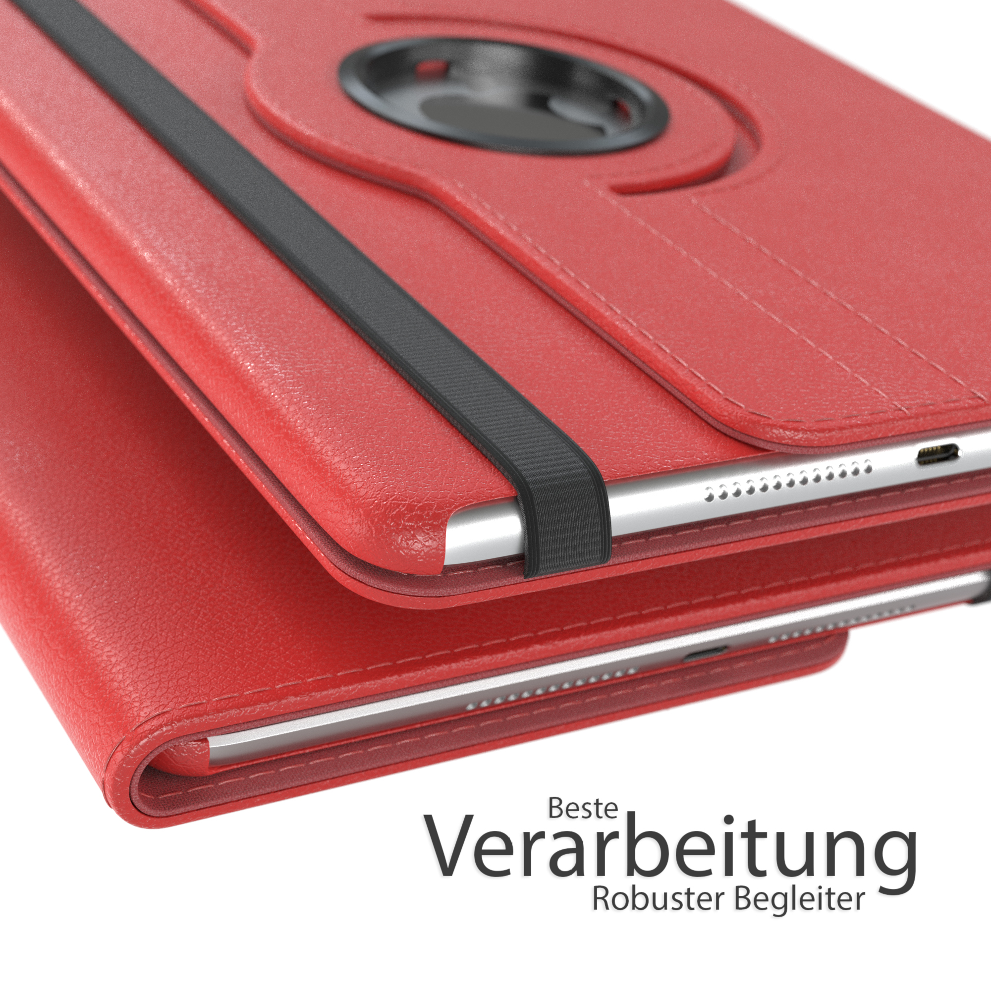 Rote Tablet-Hülle mit schwarzem Riemen. Text: Beste Verarbeitung, robuster Begleiter.