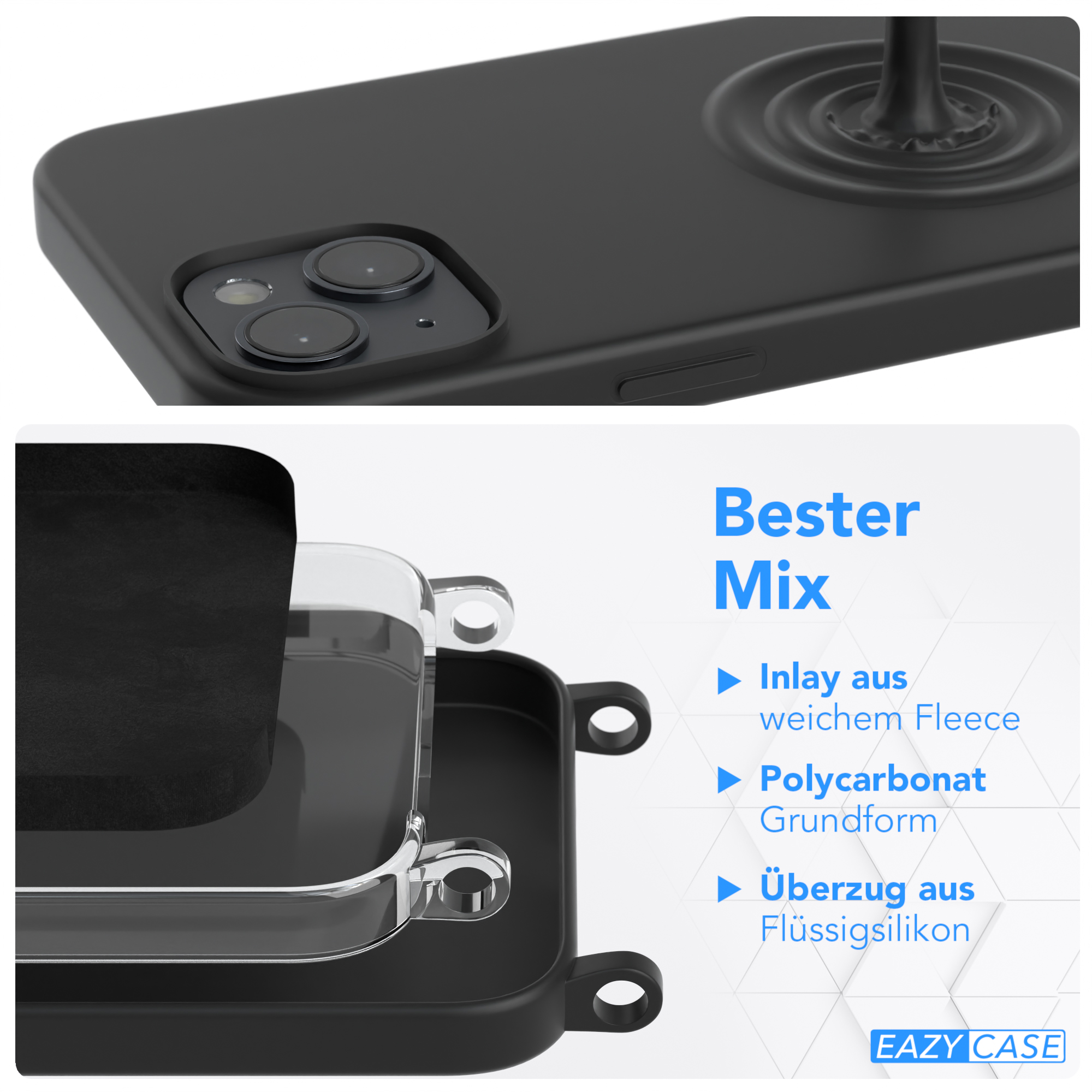 EAZY CASE Handy Kette Breit Schwarz Umhängetasche, Premium Silber Plus, Karabiner mit iPhone / Hülle, 14 Apple, Silikon