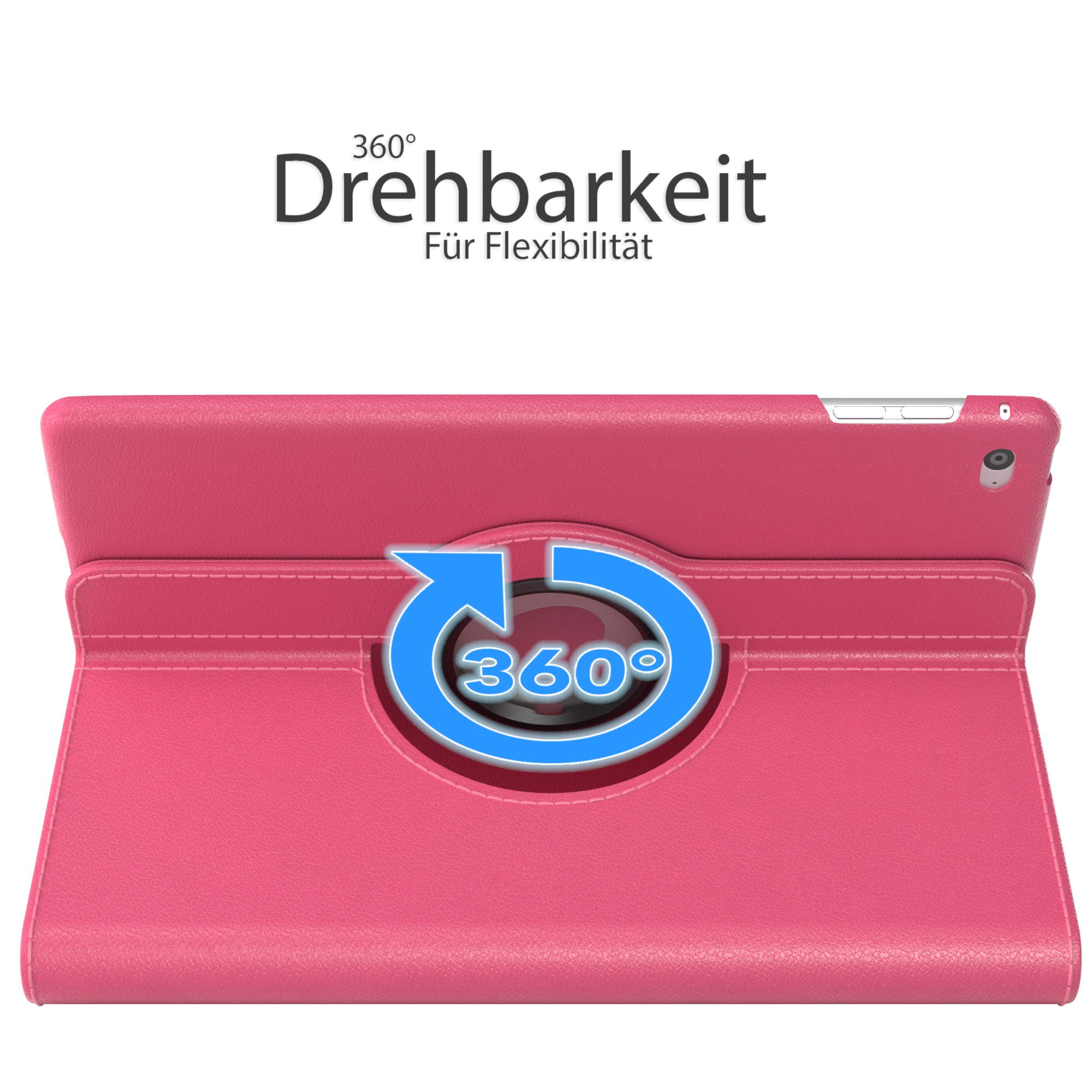 Rosa Tablet-Hülle mit 360-Grad-Drehfunktion. Blaue Pfeile zeigen die Drehung an.