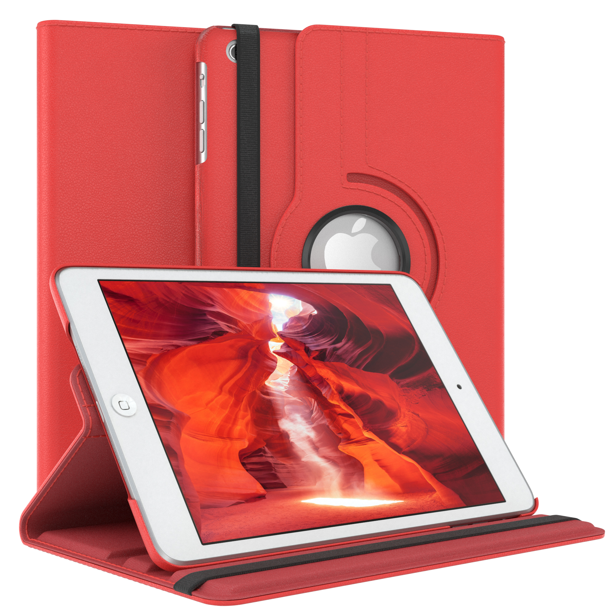 Rote Tablet-Hülle mit Tablet. Der Bildschirm zeigt einen roten Canyon. Das Apple-Logo ist sichtbar.