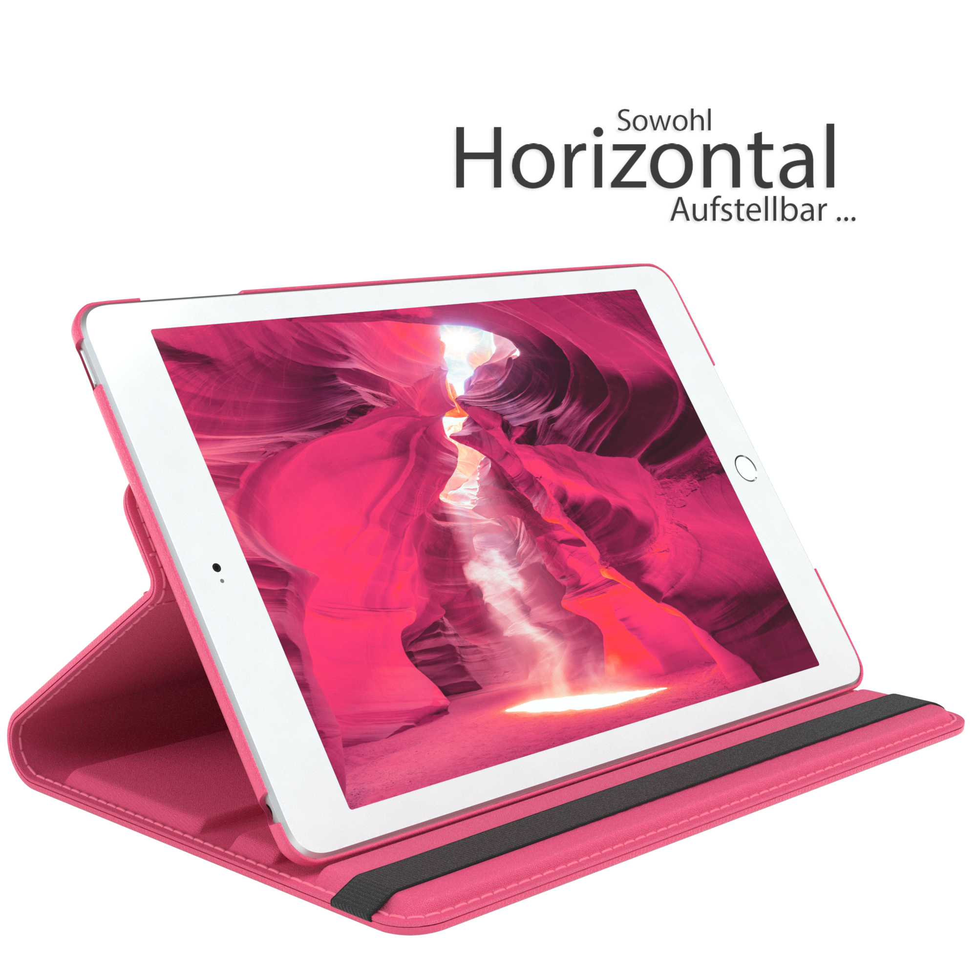 Rosa Tablet-Case, Tablet darin. Das Case hat eine horizontale Standfunktion, Canyon-Bild.