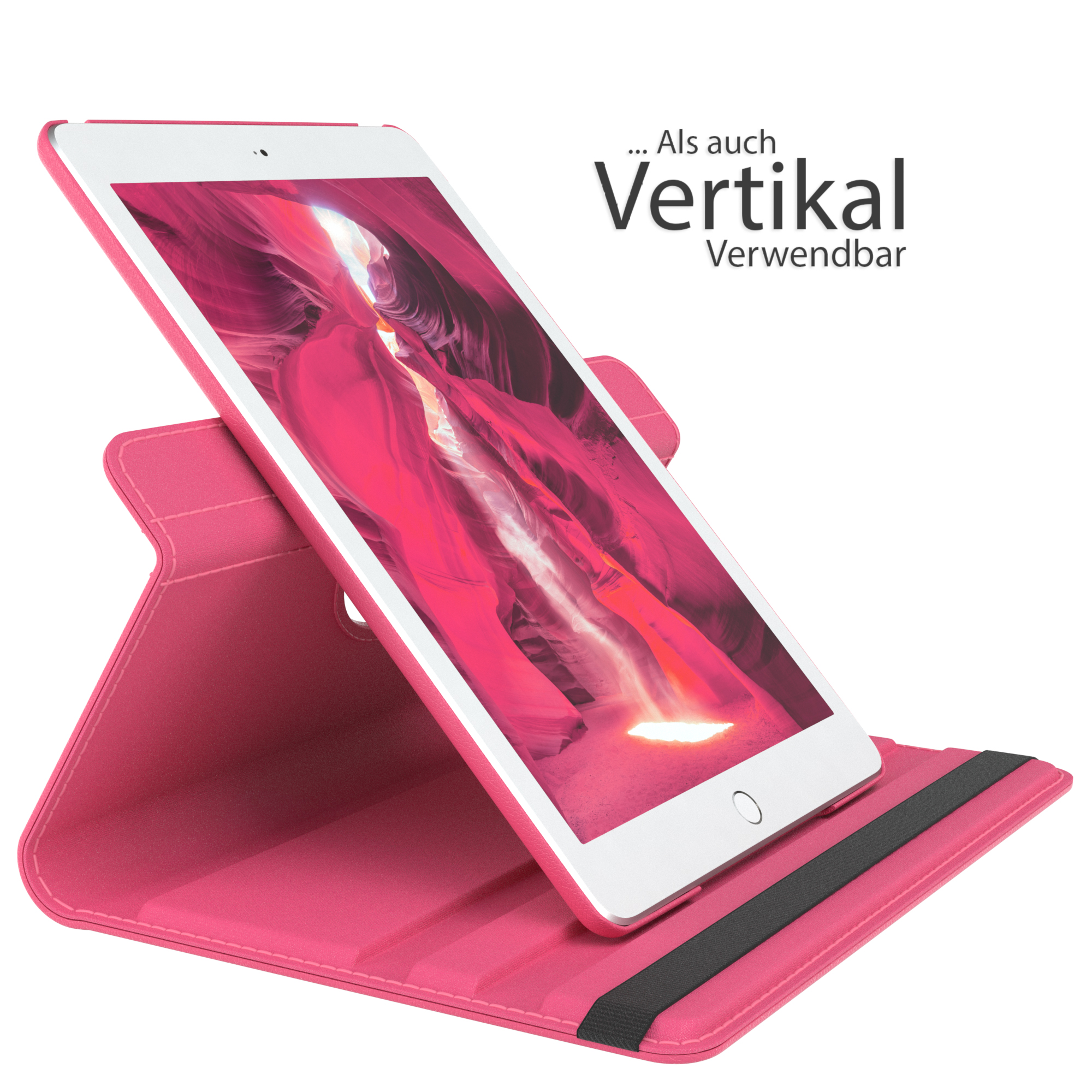 Ein rosa Tablet in einer rosa Hülle, mit Text darüber: Vertikal Verwendbar. Tablet ist abgewinkelt.