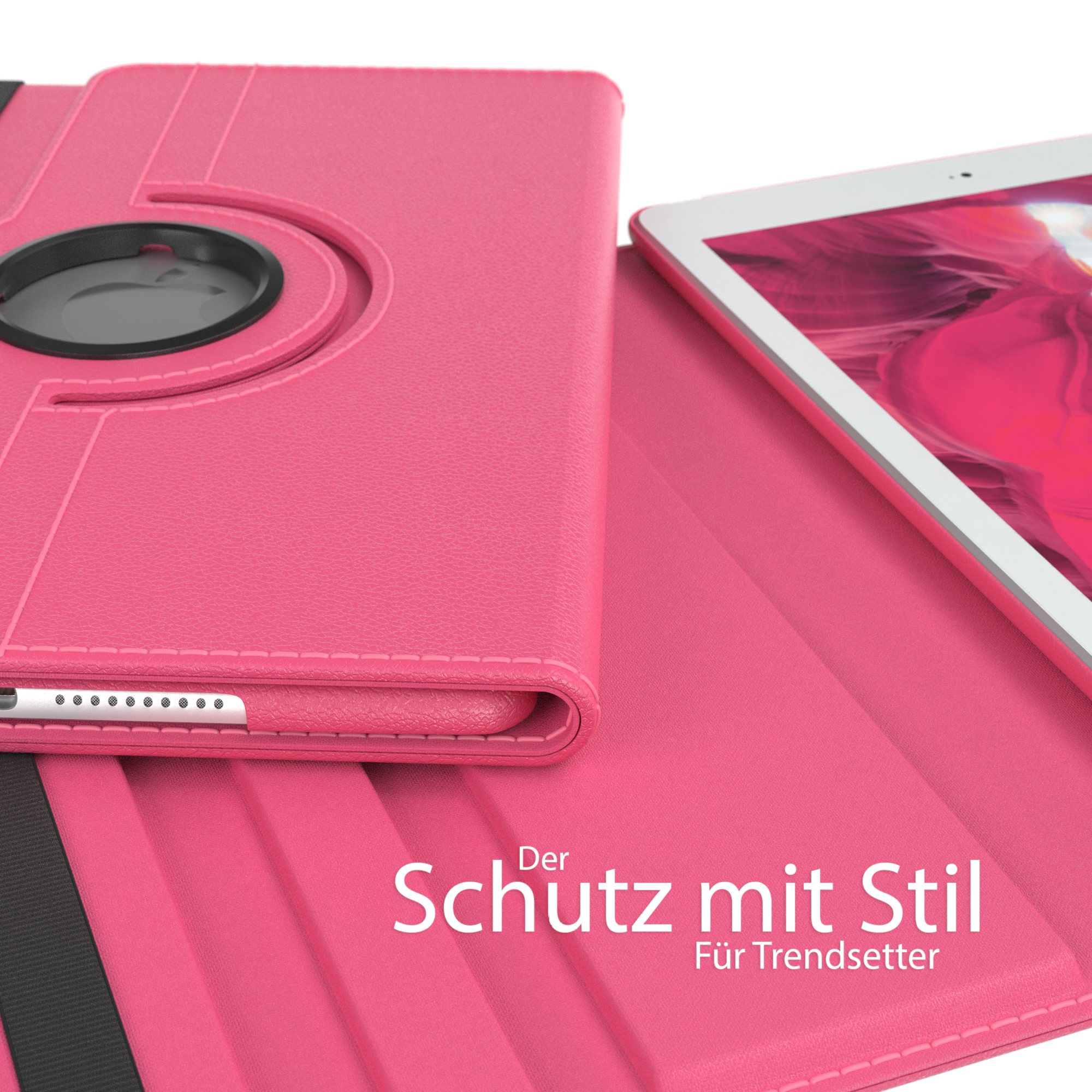 Rosa Tablet-Hülle geöffnet. Das Tablet befindet sich darin. Text auf Deutsch unten. Auf einer Oberfläche.