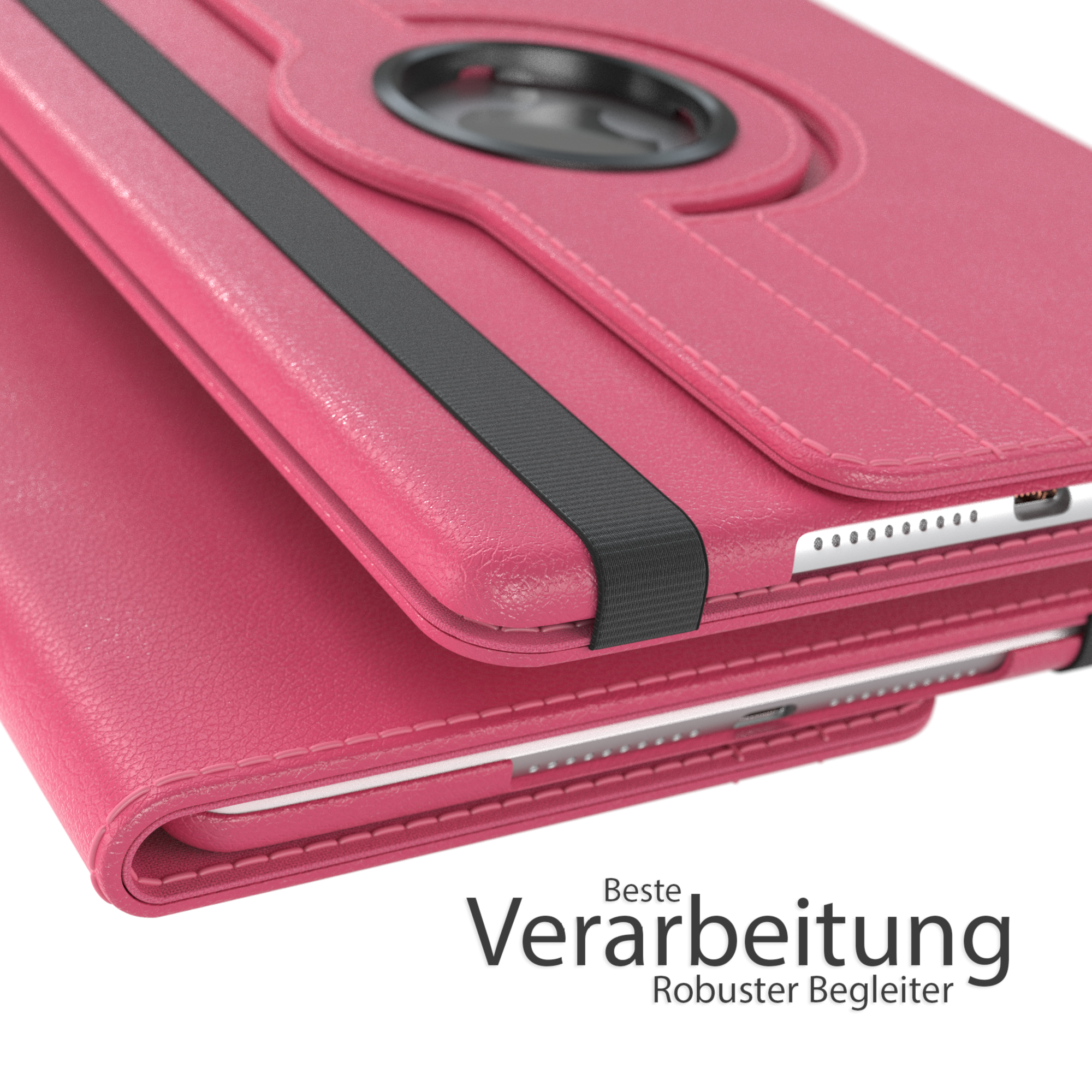 Eine rosa Tablethülle liegt offen und zeigt das Innere und einen schwarzen Riemen.
