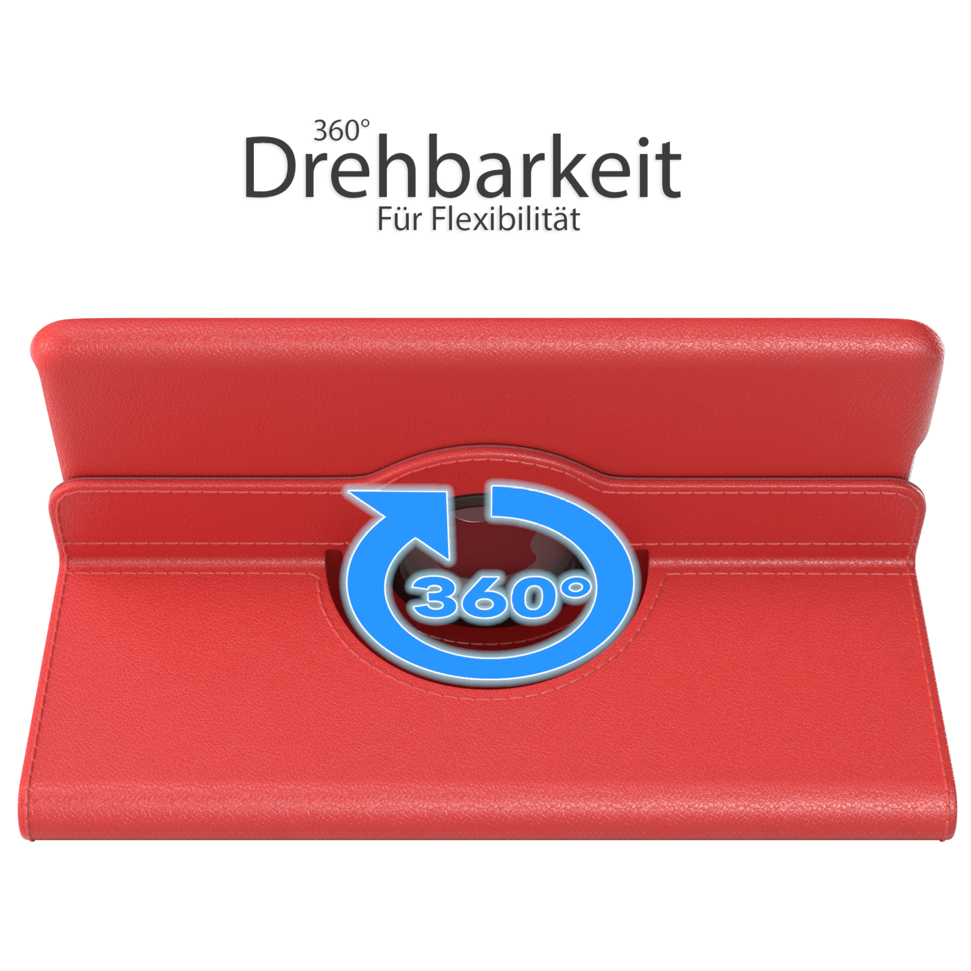 Rote Tablet-Hülle mit 360-Grad-Drehmechanismus, mit blauem Kreissymbol.