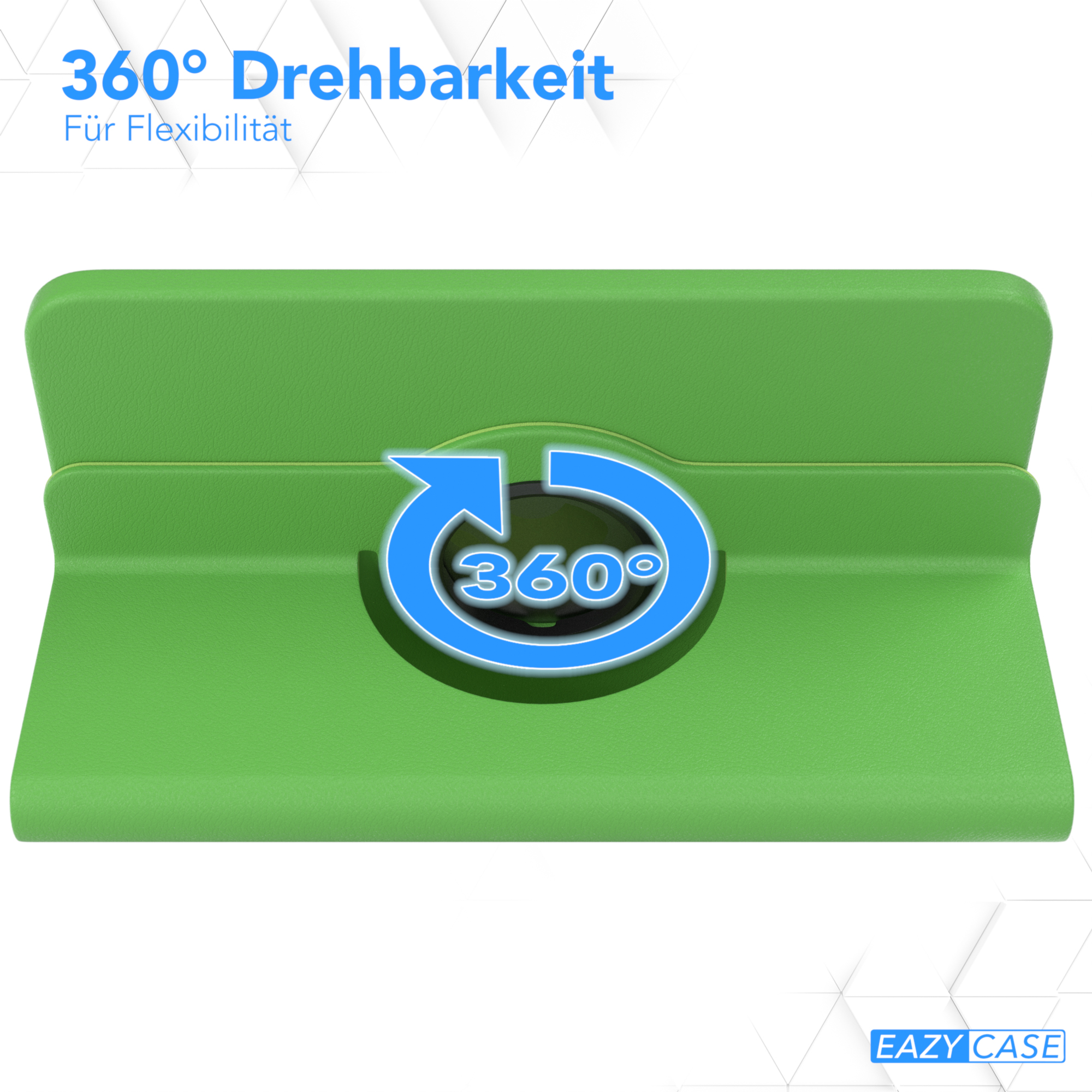 Grünes Tablet-Case mit drehbarem Scharnier. Ein Pfeil zeigt 360 Grad Drehung. Text: Flexibilität.