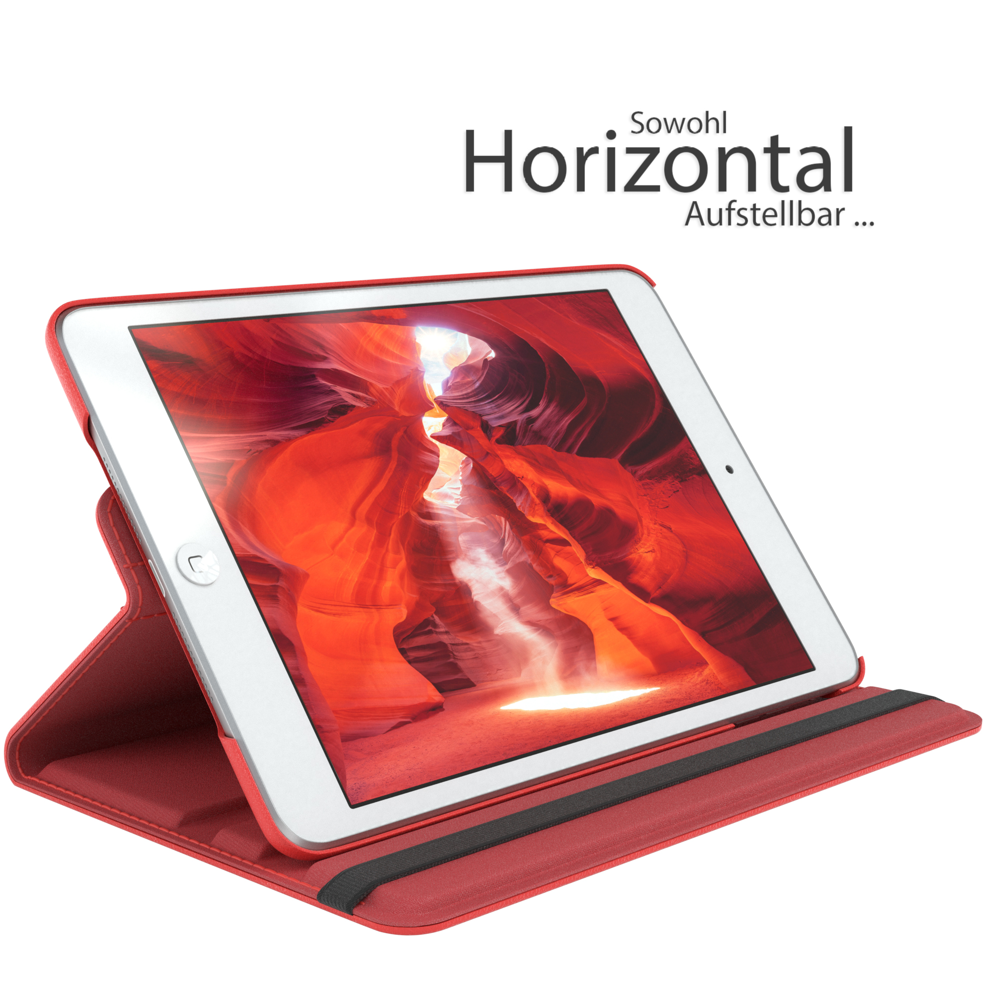 Rote Tablet-Hülle mit einem Tablet darin, im Querformat, roter Hintergrund.