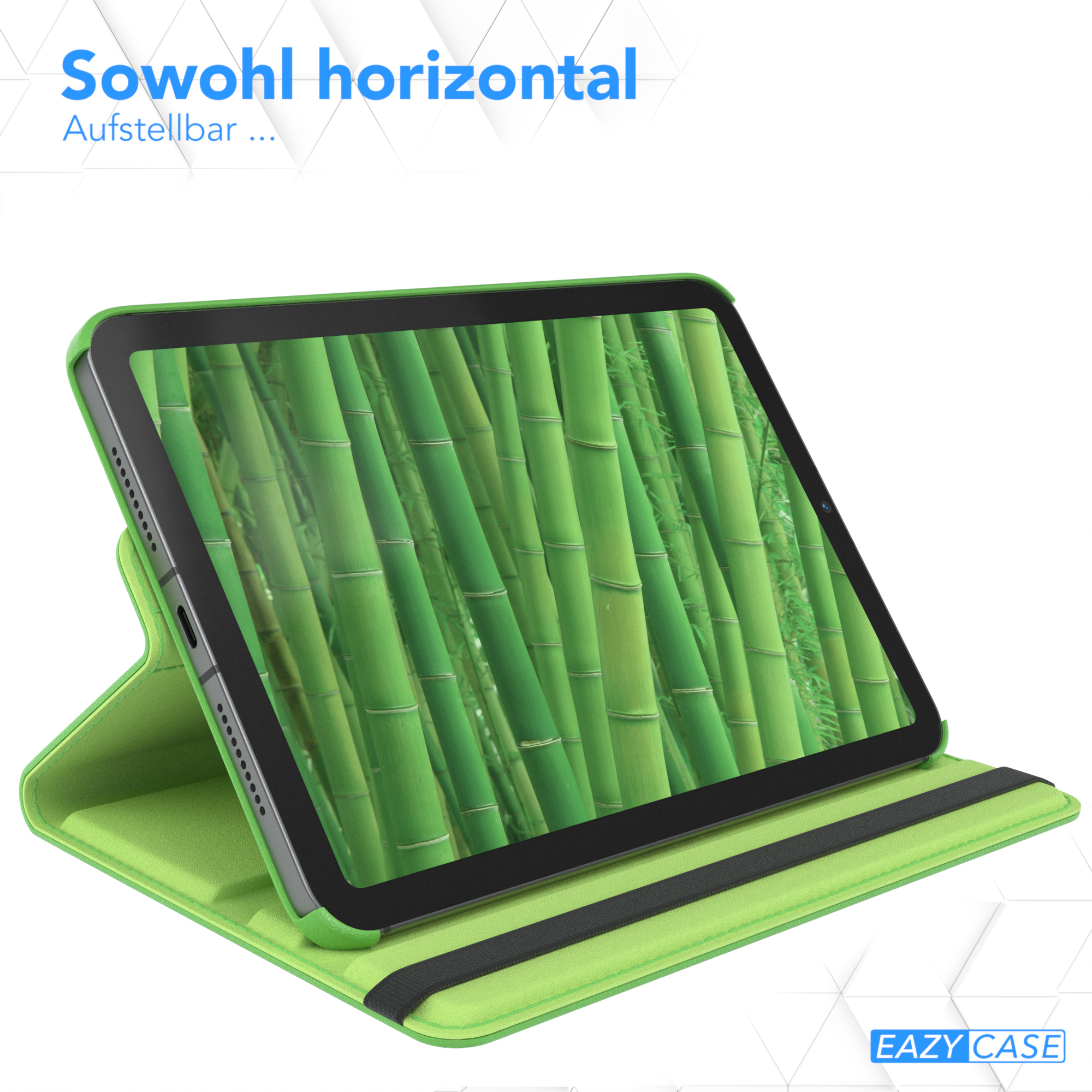 Grüne Tablethülle und Tablet. Das Tablet zeigt einen Bambuswald.
