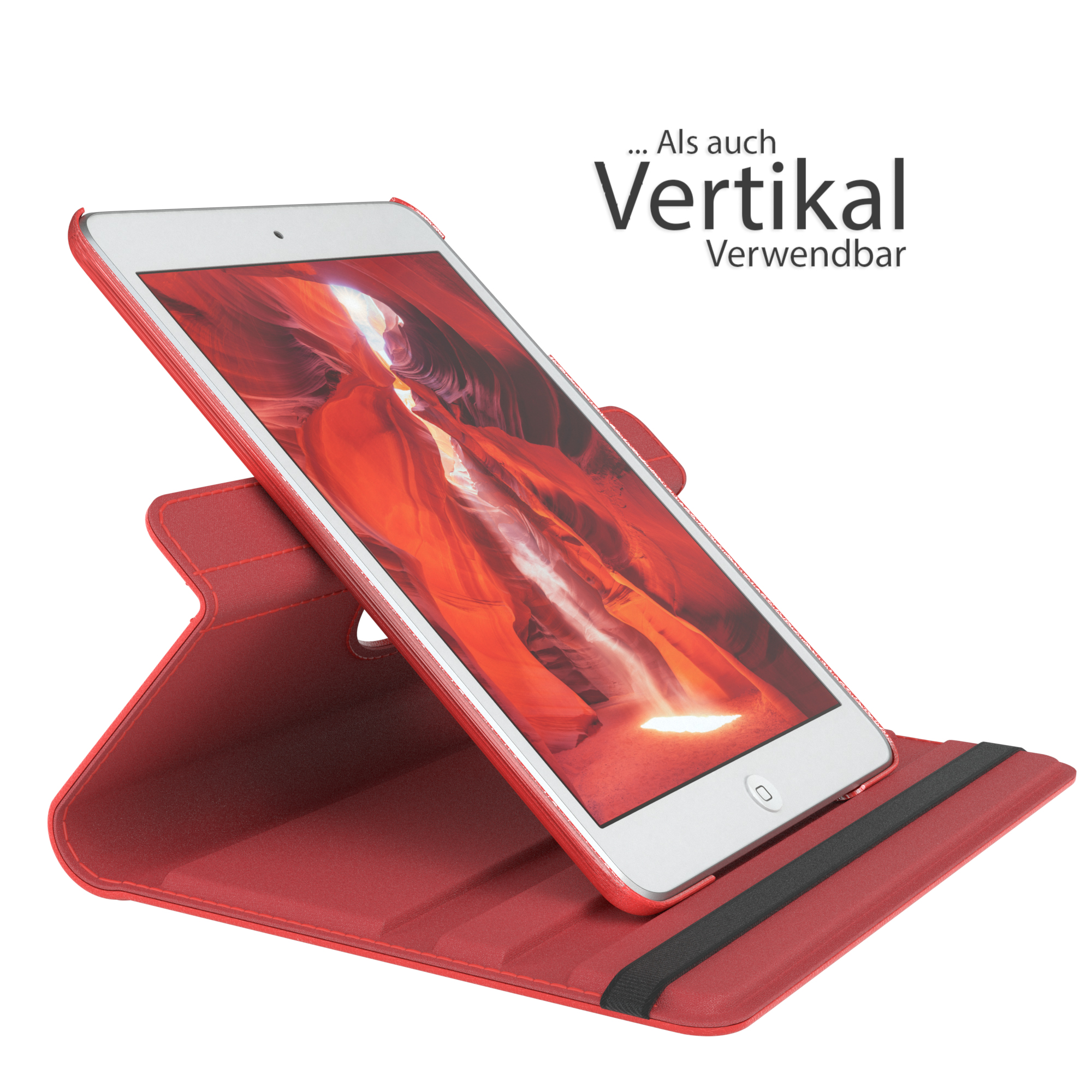 Ein Tablet in einem roten Gehäuse wird vertikal angezeigt, mit dem Bildschirm nach oben.