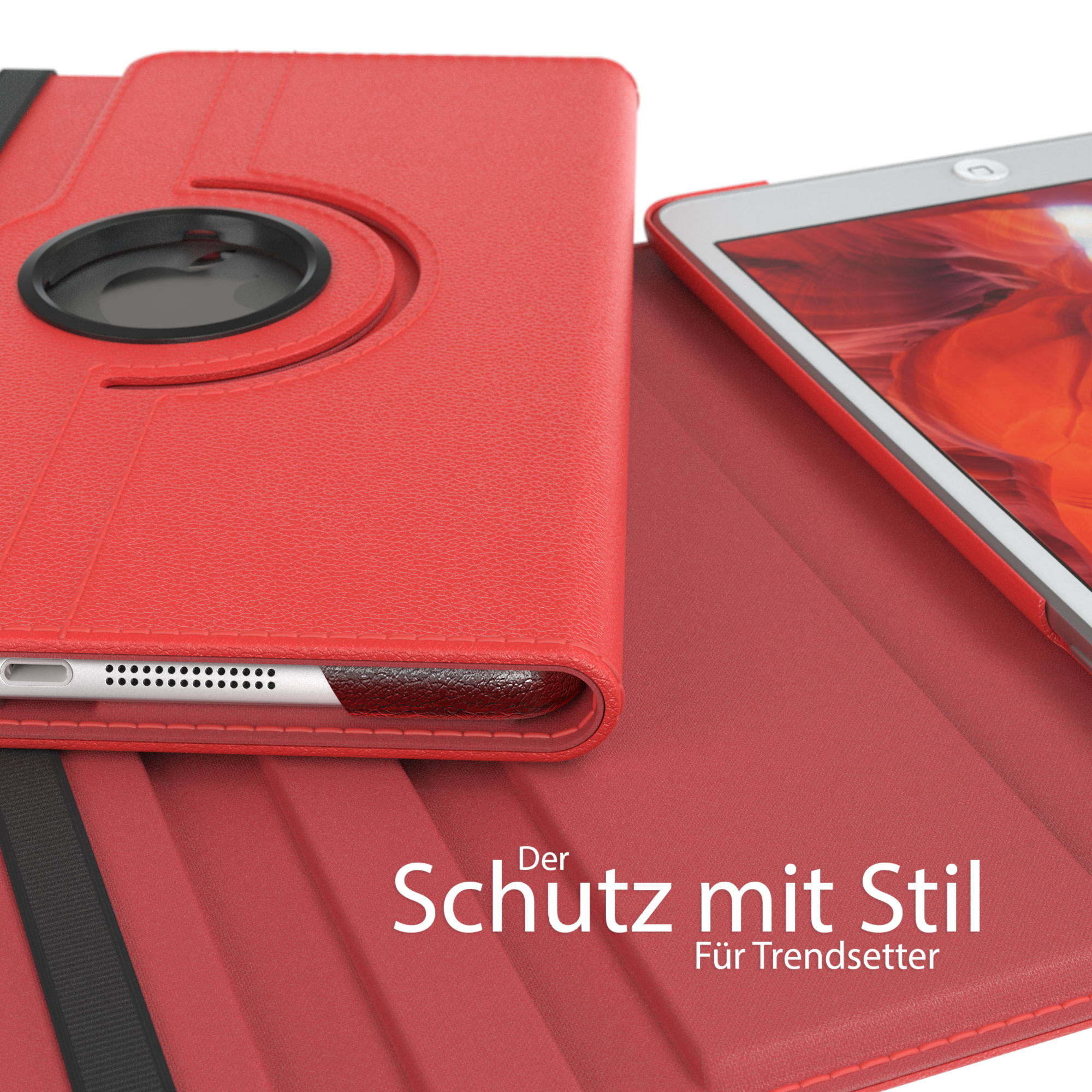 Eine rote Tablethülle mit einem schwarzen Drehring und einem weißen Tablet darin. Die Abdeckung ist geöffnet.