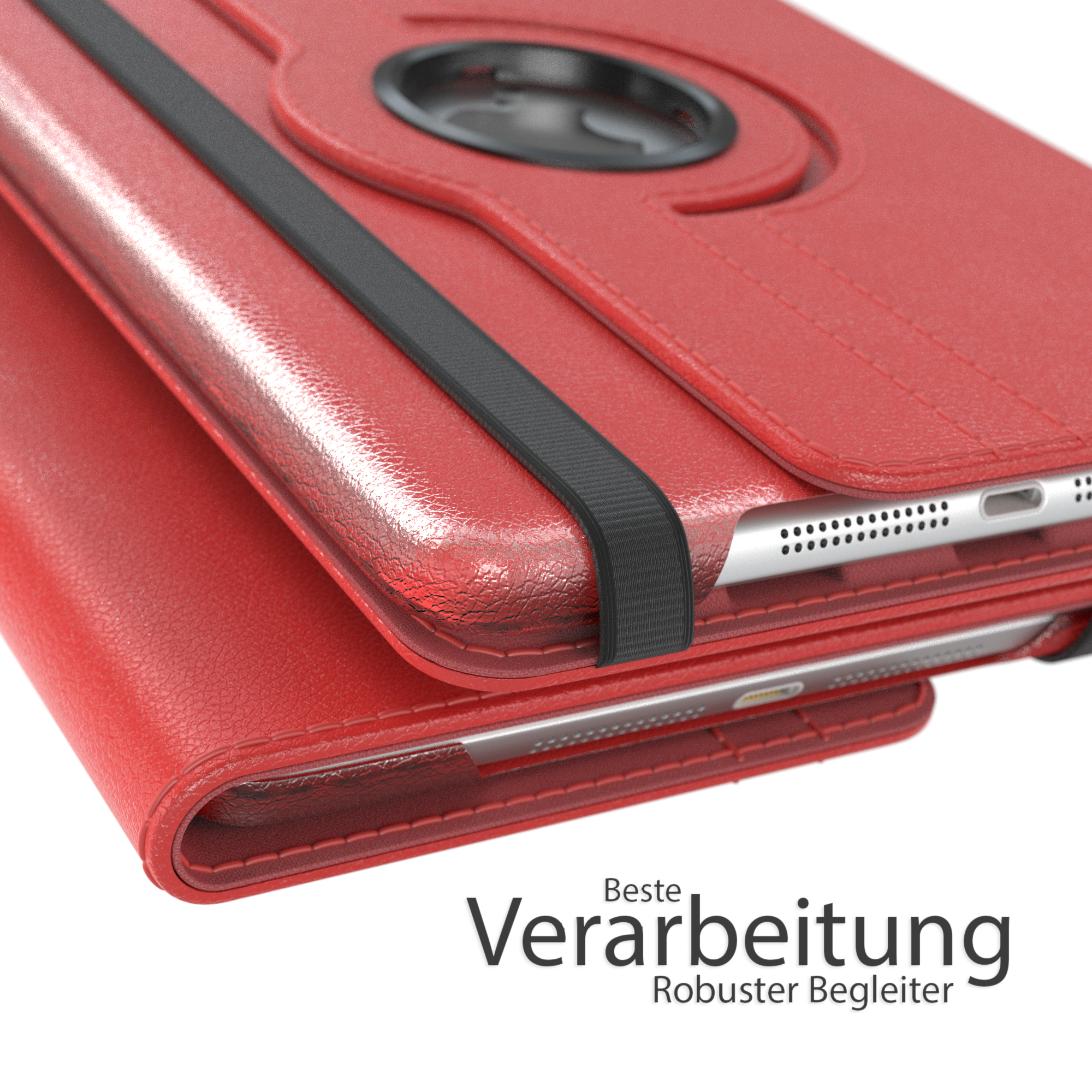 Eine rote iPad-Hülle mit einem schwarzen Gummiband, geöffnet, zeigt die Innenseite.