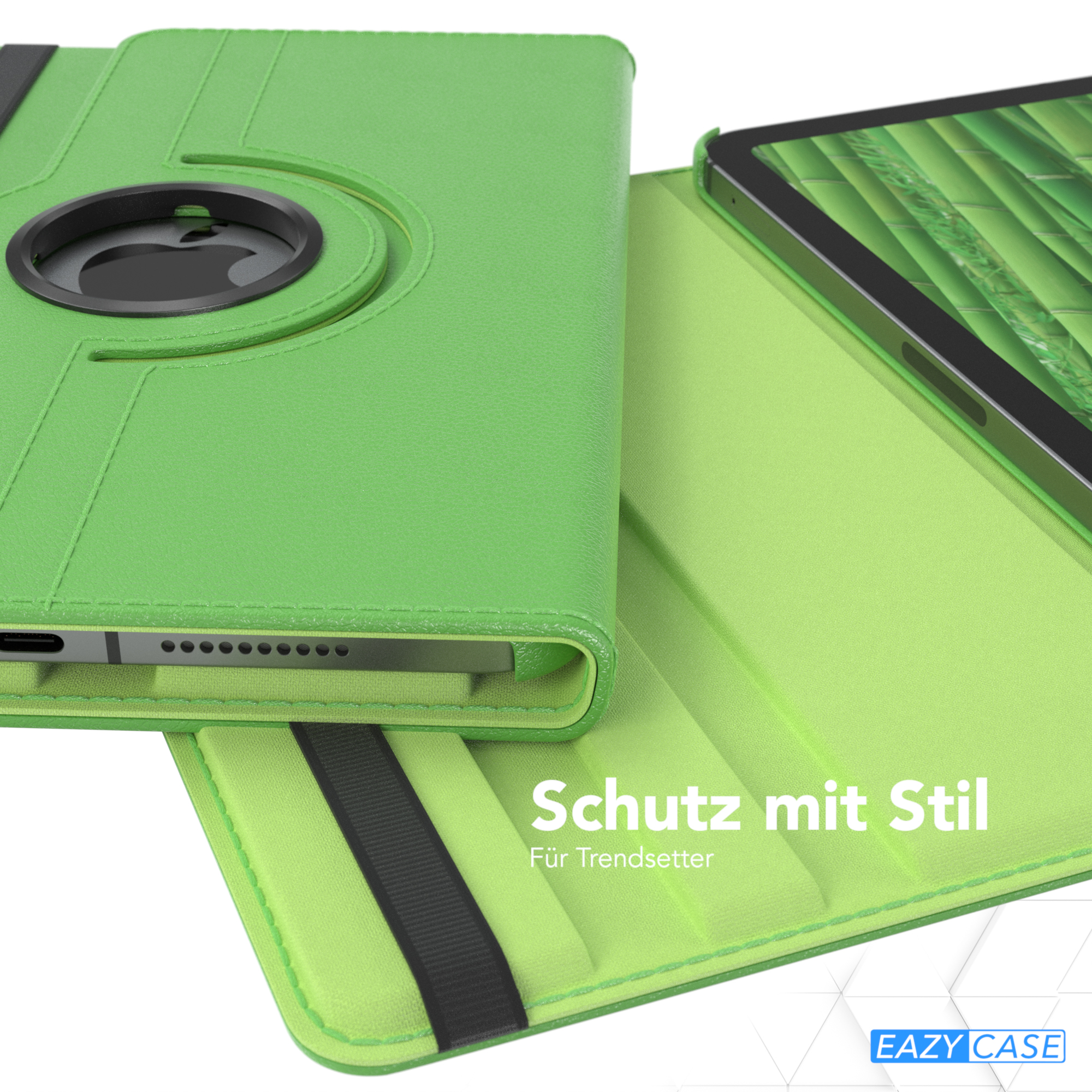 Eine grüne Tablethülle mit Tablet, auf weißer Oberfläche, Produktdetails und Logo.