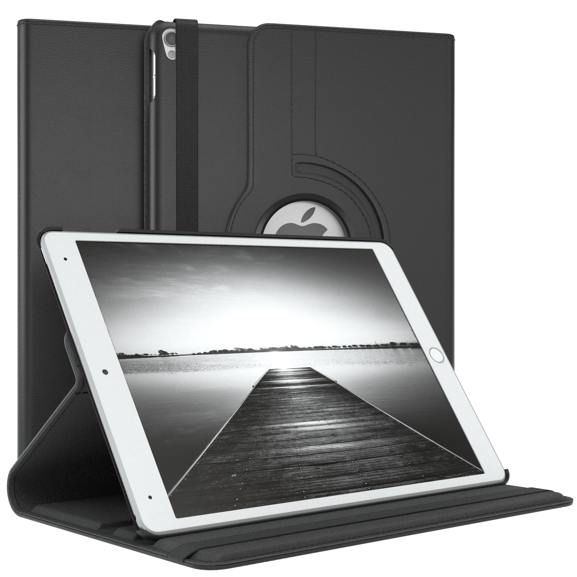 Schwarze Tablethülle mit Tablet darin. Hülle ist offen, zeigt Tablet mit Brücken- und Wasserbild.