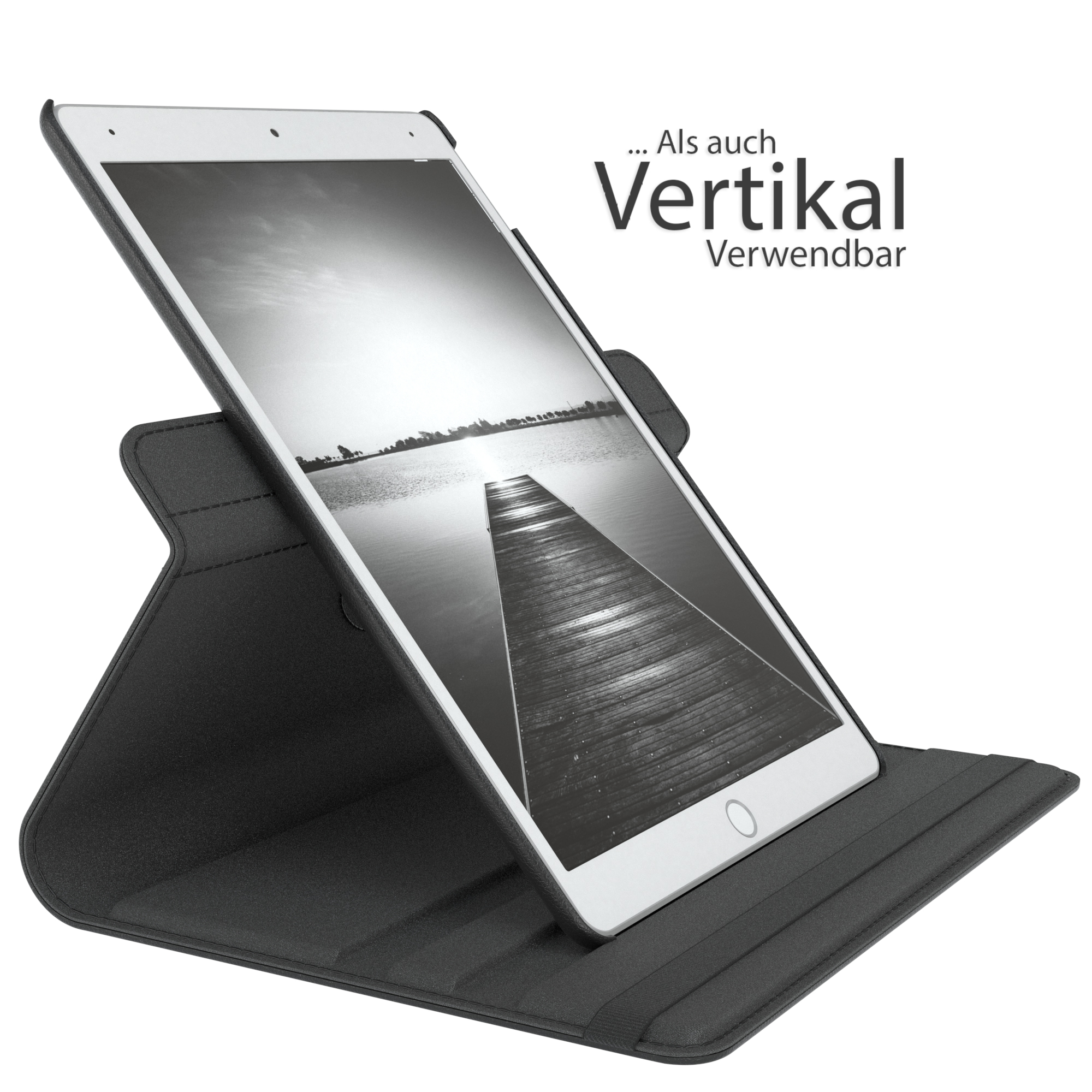 Ein Tablet in schwarzer Hülle, auf einem Ständer aufgestellt. Text: '... auch vertikal verwendbar'.