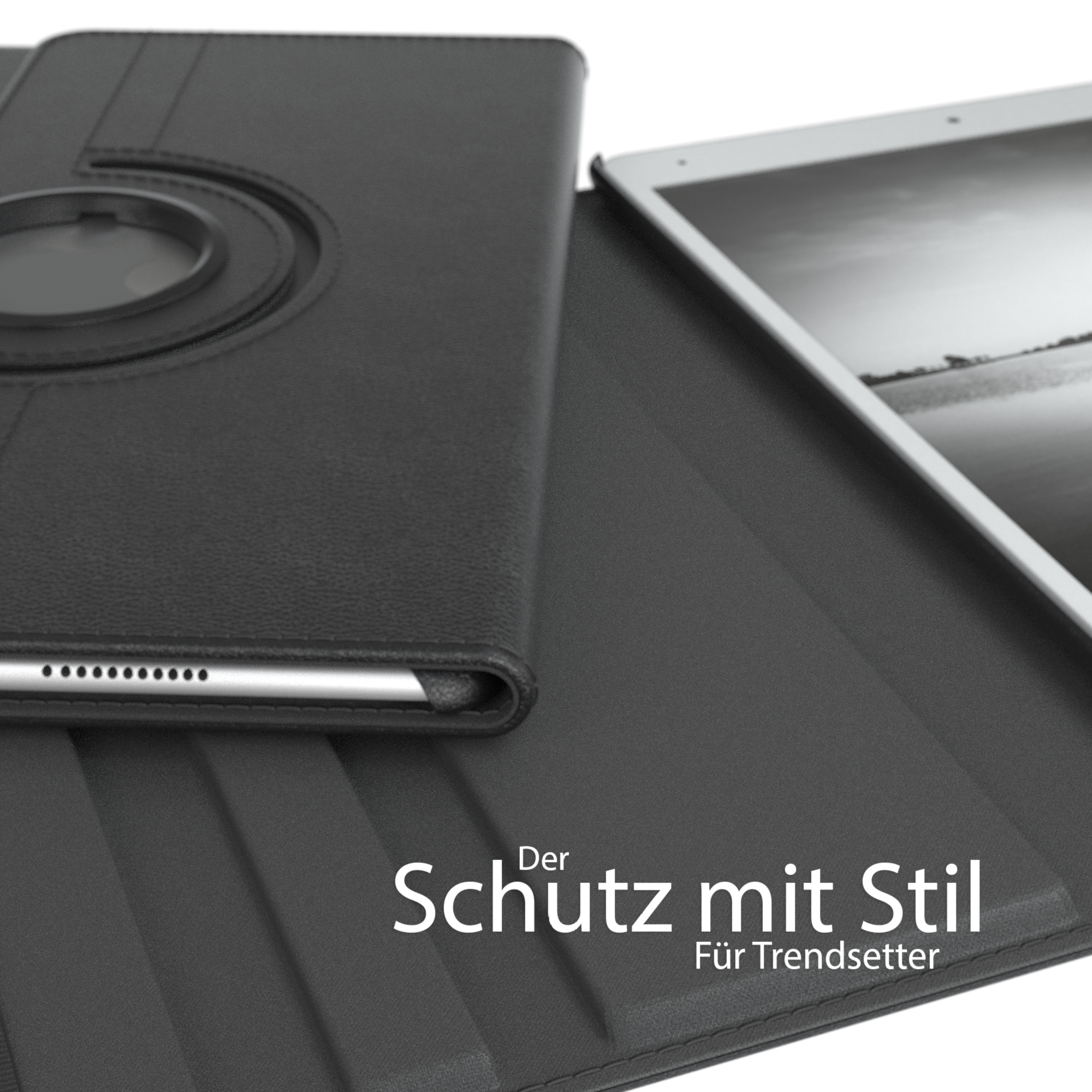 Schwarzes Tablet-Case, geöffnet auf einem Holztisch. Text: Schutz mit Stil.