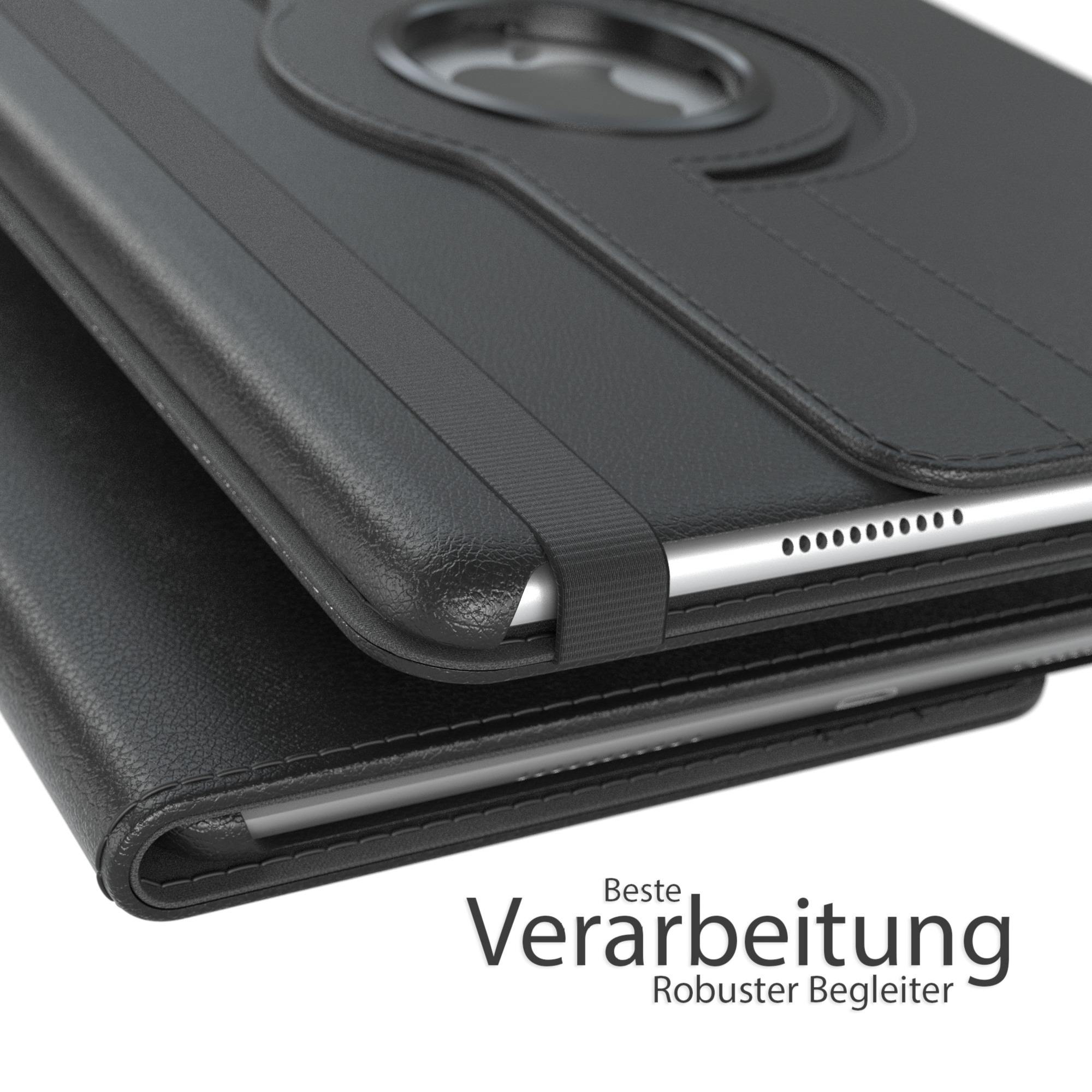Schwarze Lederhülle zeigt beste Verarbeitung mit einem Tablet darin.