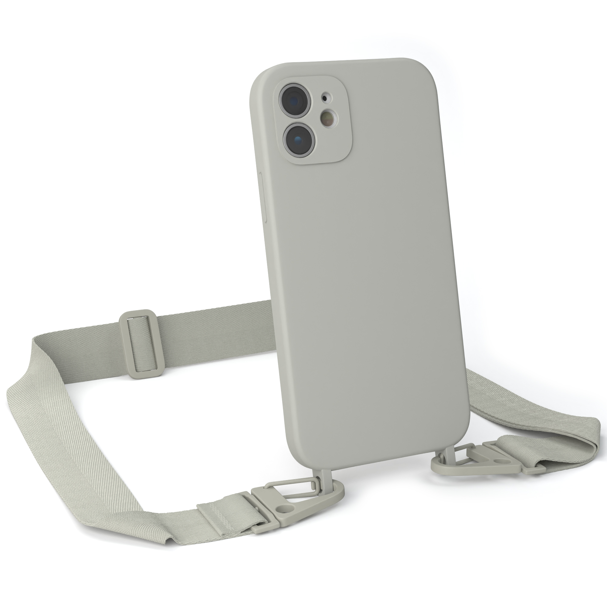 EAZY CASE Handy Kette iPhone Taupe 12 mit Karabiner Apple, Premium / Hülle, Beige 12 Umhängetasche, Grau Breit Pro, Silikon 