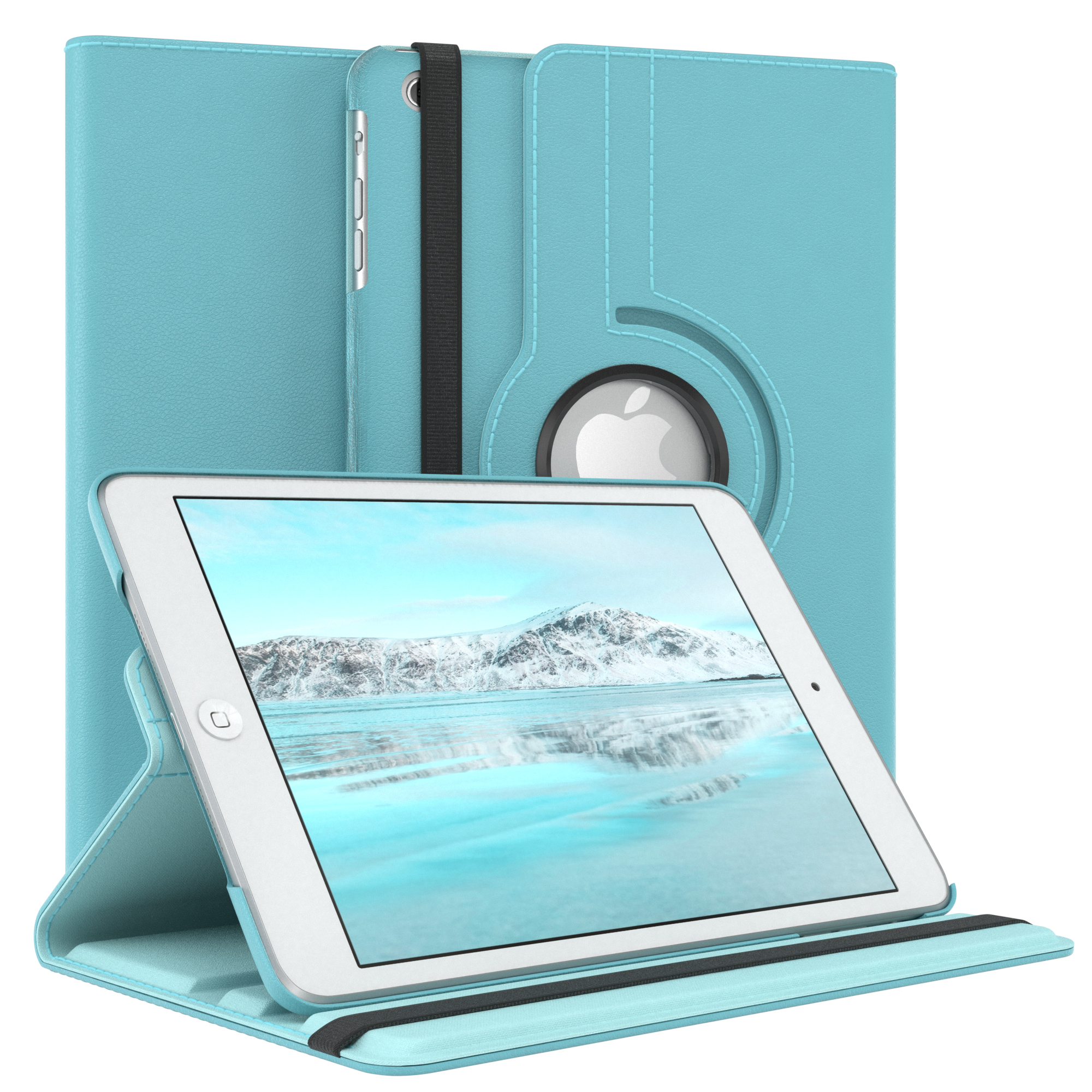 Ein türkisfarbenes Tablet in einer Hülle, das eine schneebedeckte Berglandschaft auf dem Bildschirm zeigt.