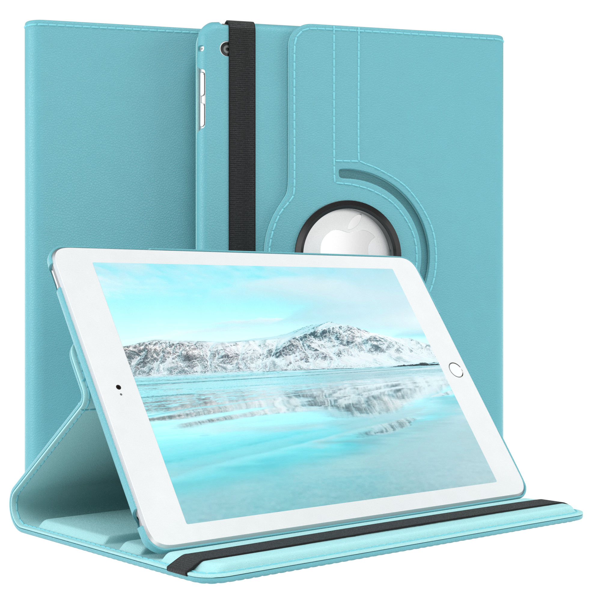 Blaues Tablet in Hülle. Bildschirm zeigt eisige Landschaft. Hülle aufgeklappt.