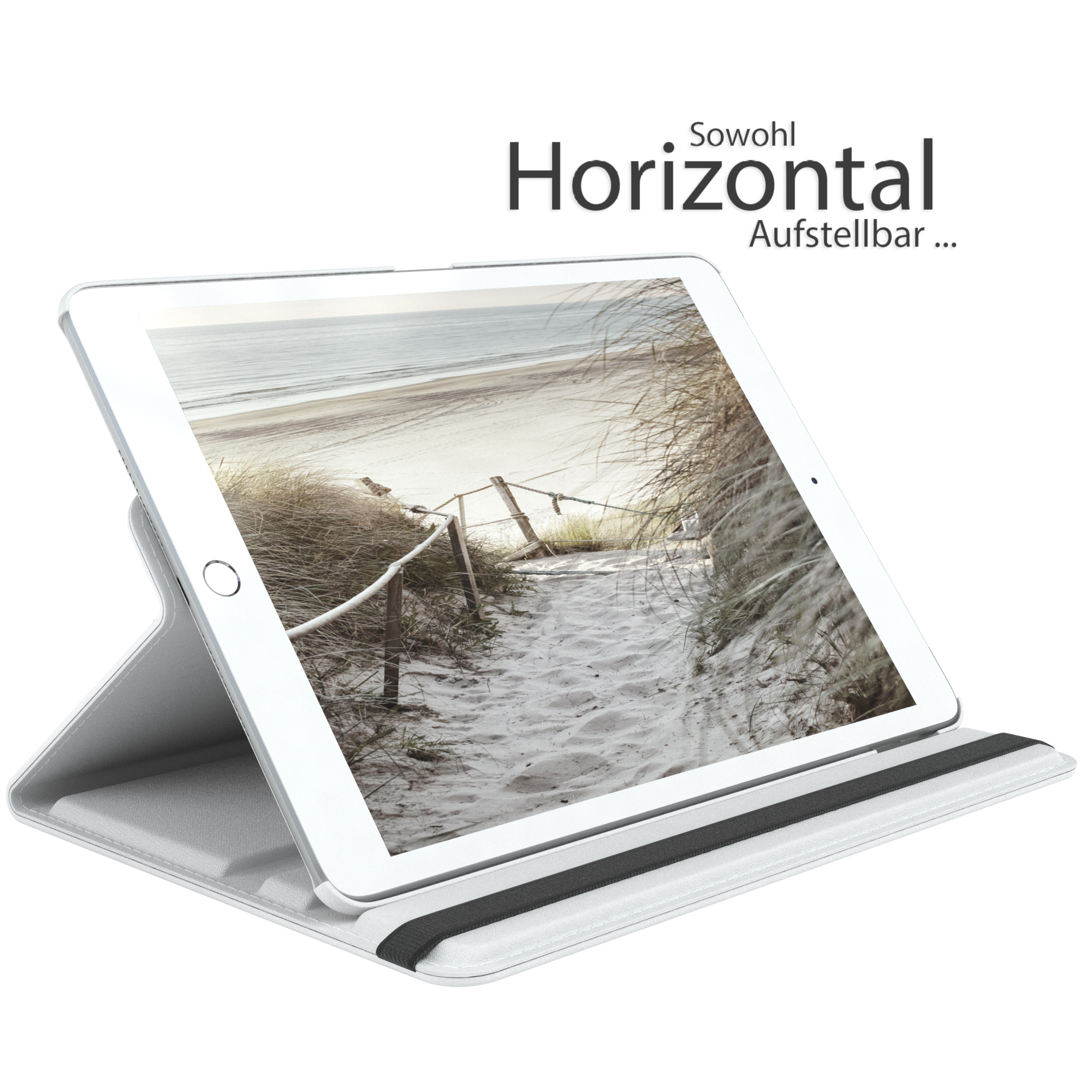 Ein weißes Tablet in einem Gehäuse, das eine Strandszene zeigt. Das Gehäuse ist offen und abgewinkelt.