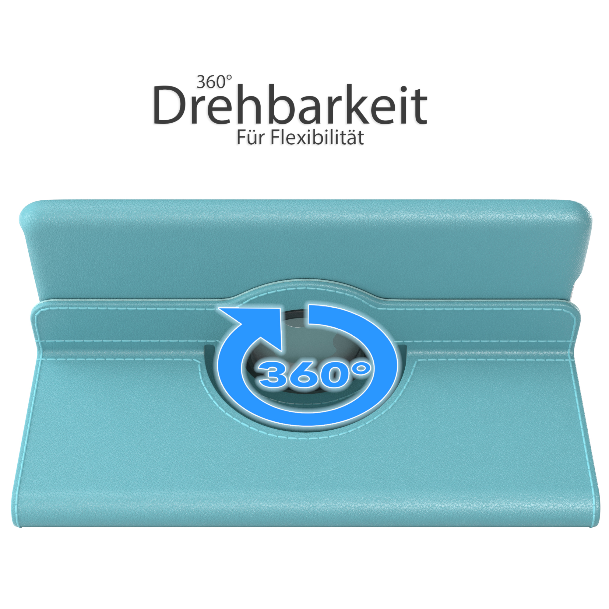 Eine türkisfarbene Tablethülle mit 360-Grad-Drehscharnier.