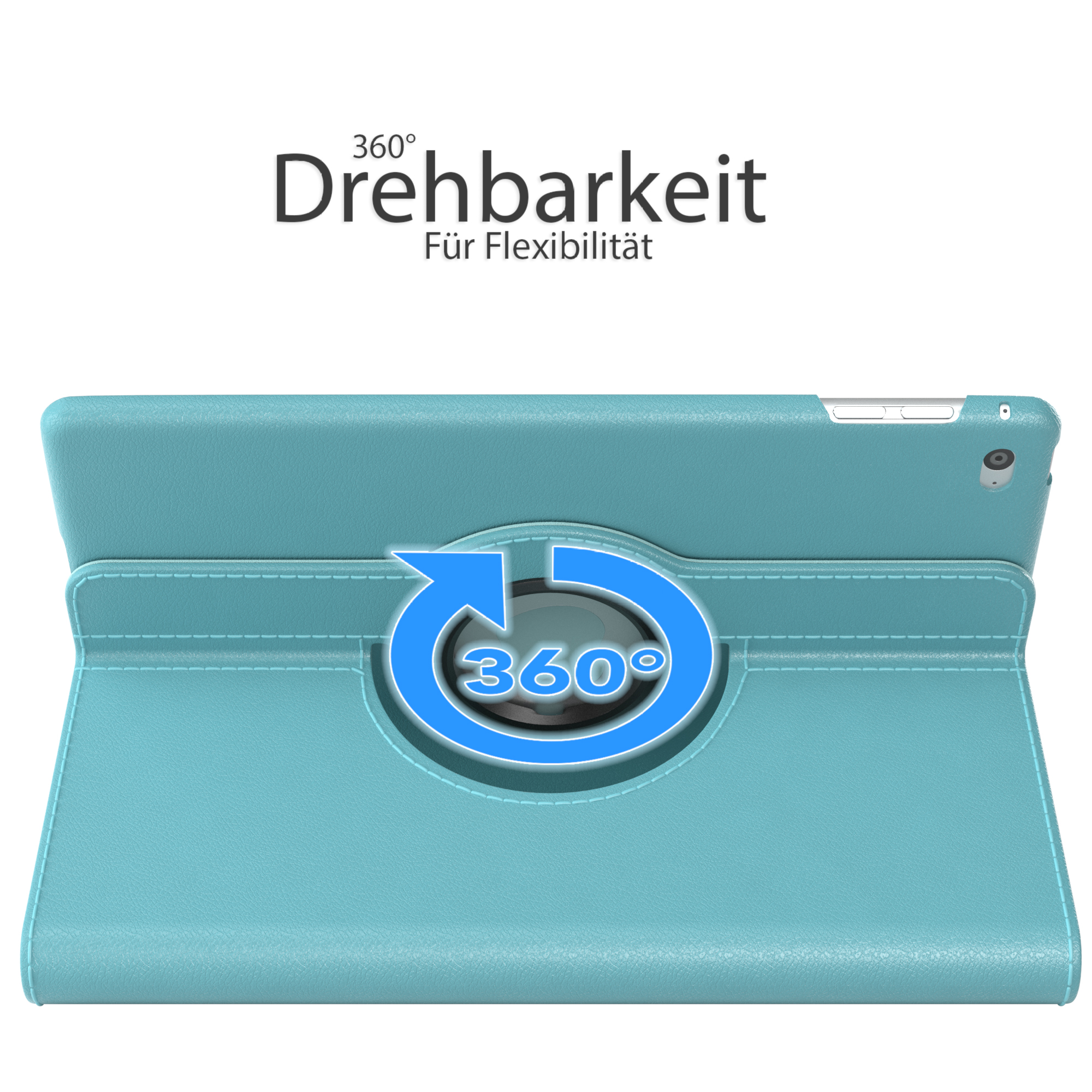 Blaue Tablethülle mit 360-Grad-Drehfunktion auf weißem Hintergrund.