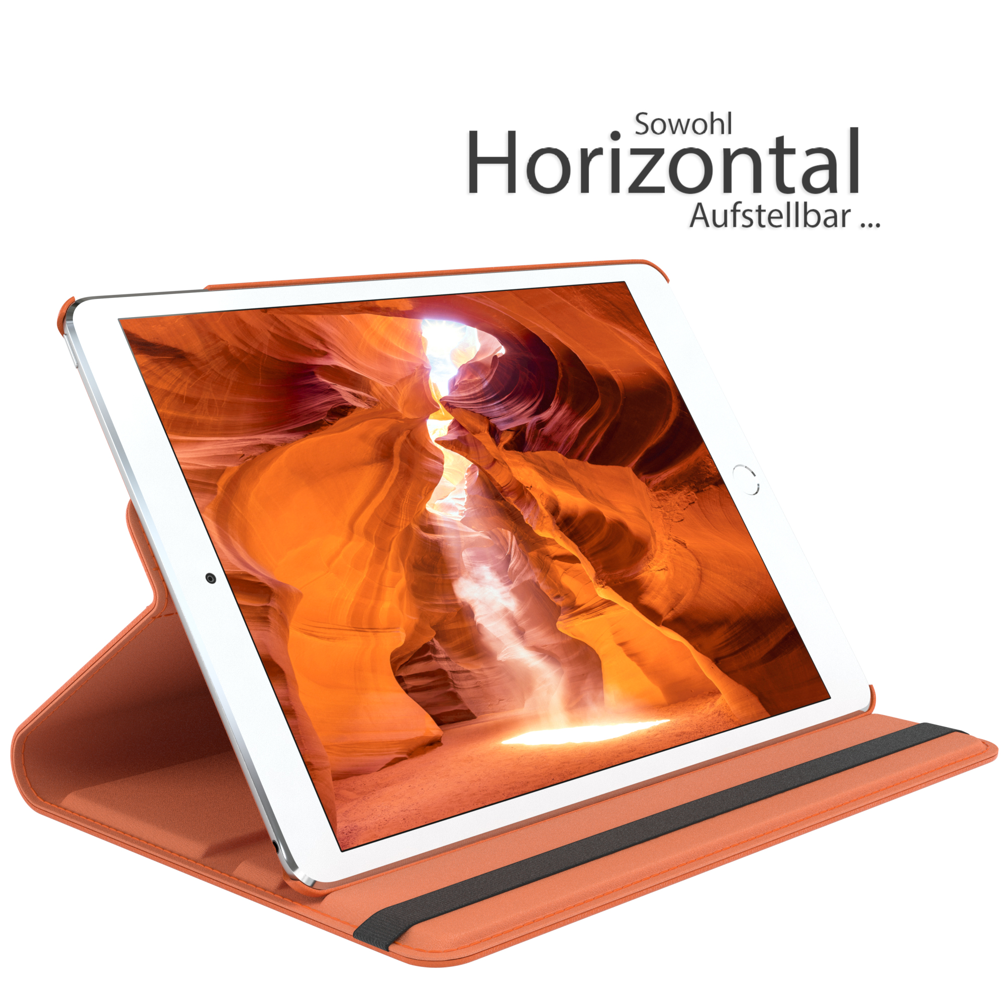 Tablet in orangefarbener Hülle, zeigt ein Canyon-Bild.