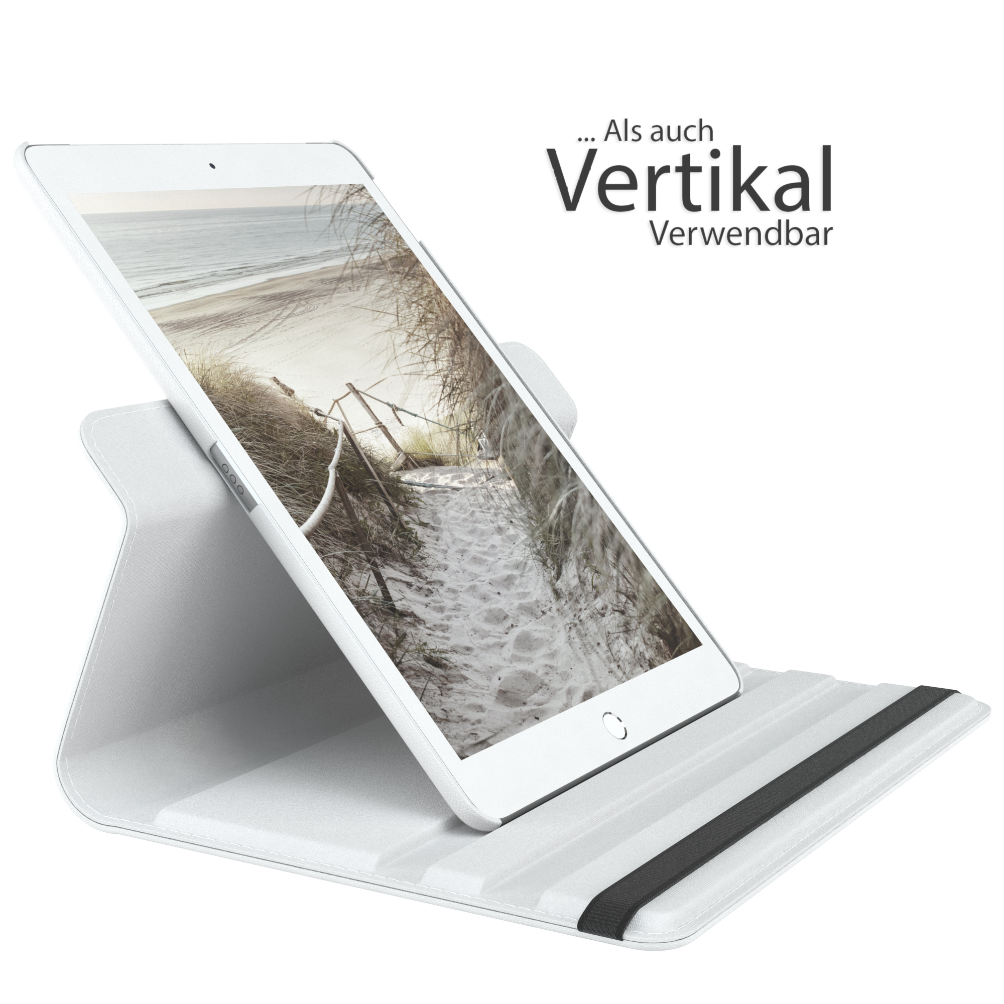 Weißes Tablet auf einem Ständer, das eine Strandszene zeigt. Text: 'Vertikal verwendbar'.