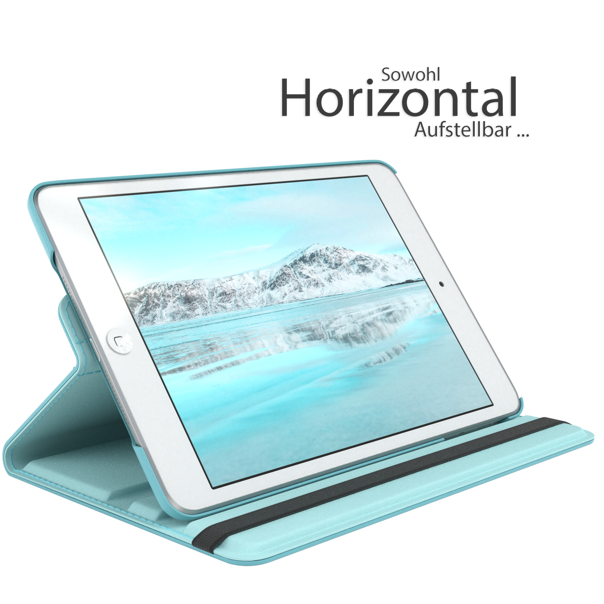 Tablet in einer türkisfarbenen Hülle, horizontal stehend. Zeigt eine schneebedeckte Landschaft.