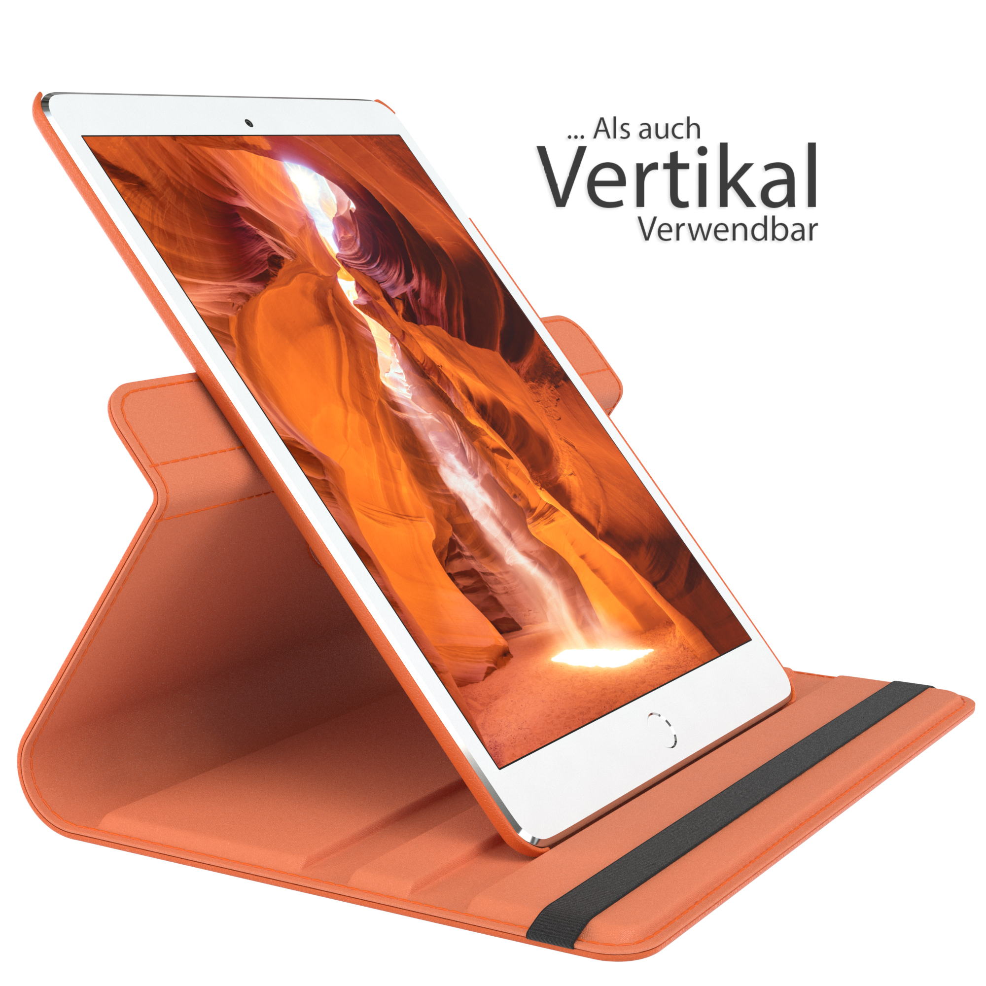 Eine orangefarbene Tablet-Hülle mit einem aufrecht stehenden Tablet, mit Text, der die vertikale Verwendung anzeigt.
