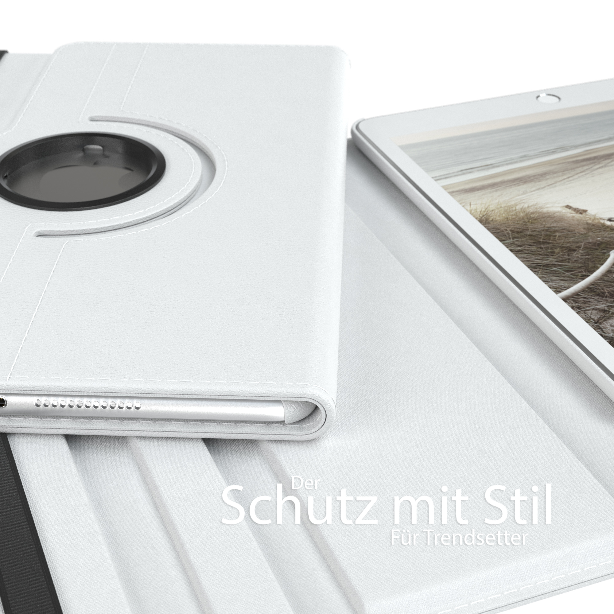 Weiße Tablet-Hülle. Die Hülle ist geöffnet und zeigt teilweise ein Tablet. Text sagt 'Schutz mit Stil'.