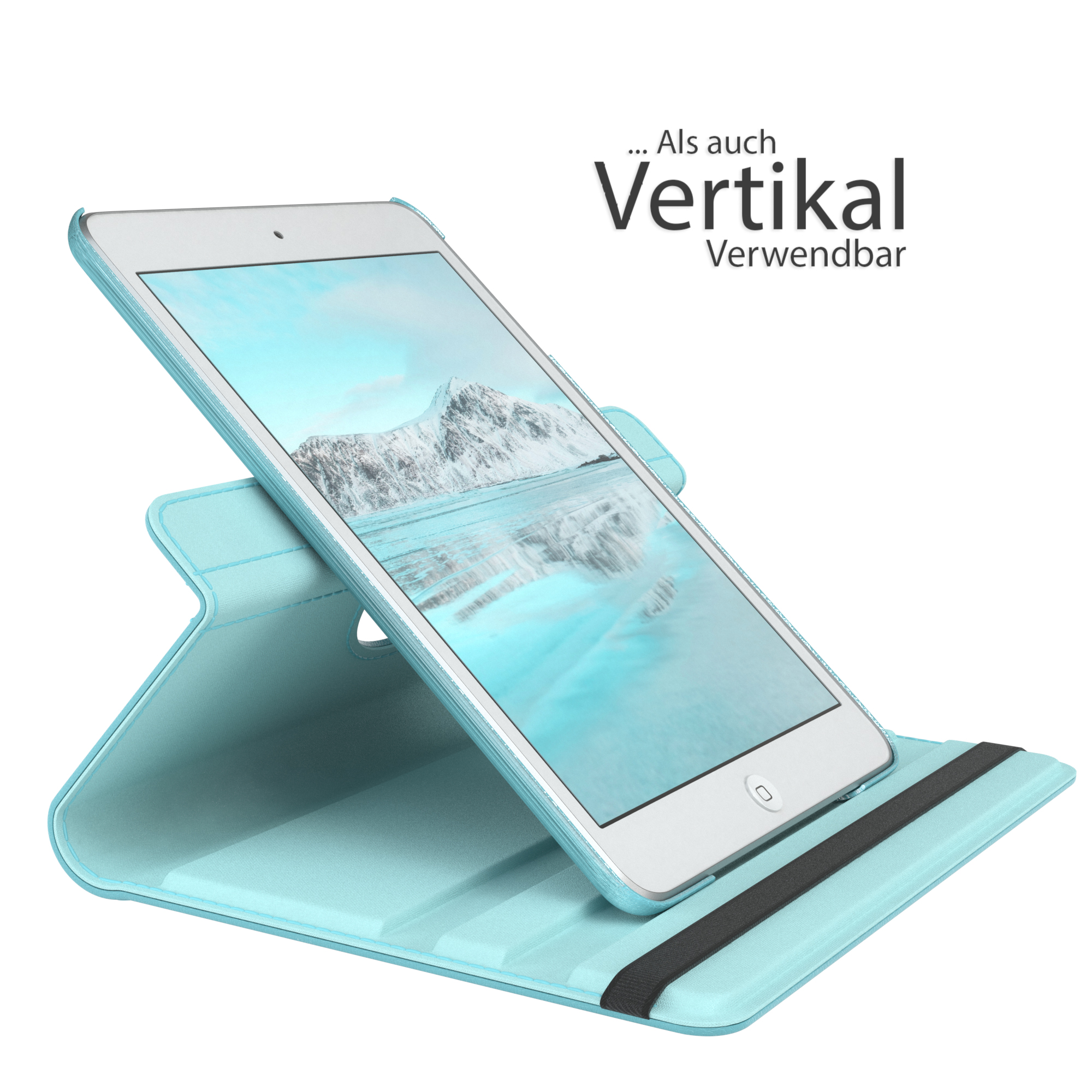 Ein Tablet in einer hellblauen Ständerhülle. Text: 'Vertikal verwendbar'.