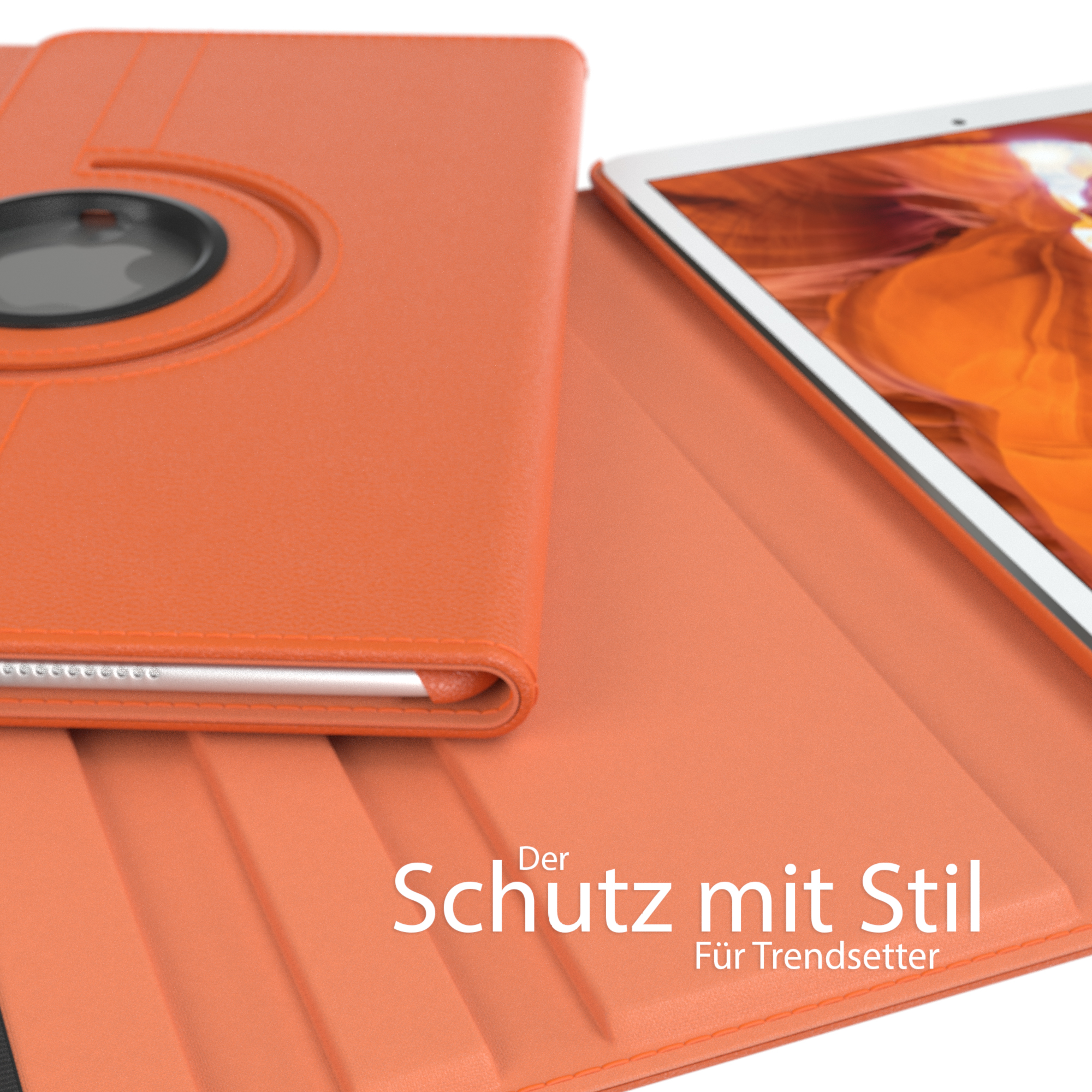 Orange Tablet-Hülle. Tablet in der Hülle, orangefarbener Hintergrund, mit dem EAZY CASE Logo.