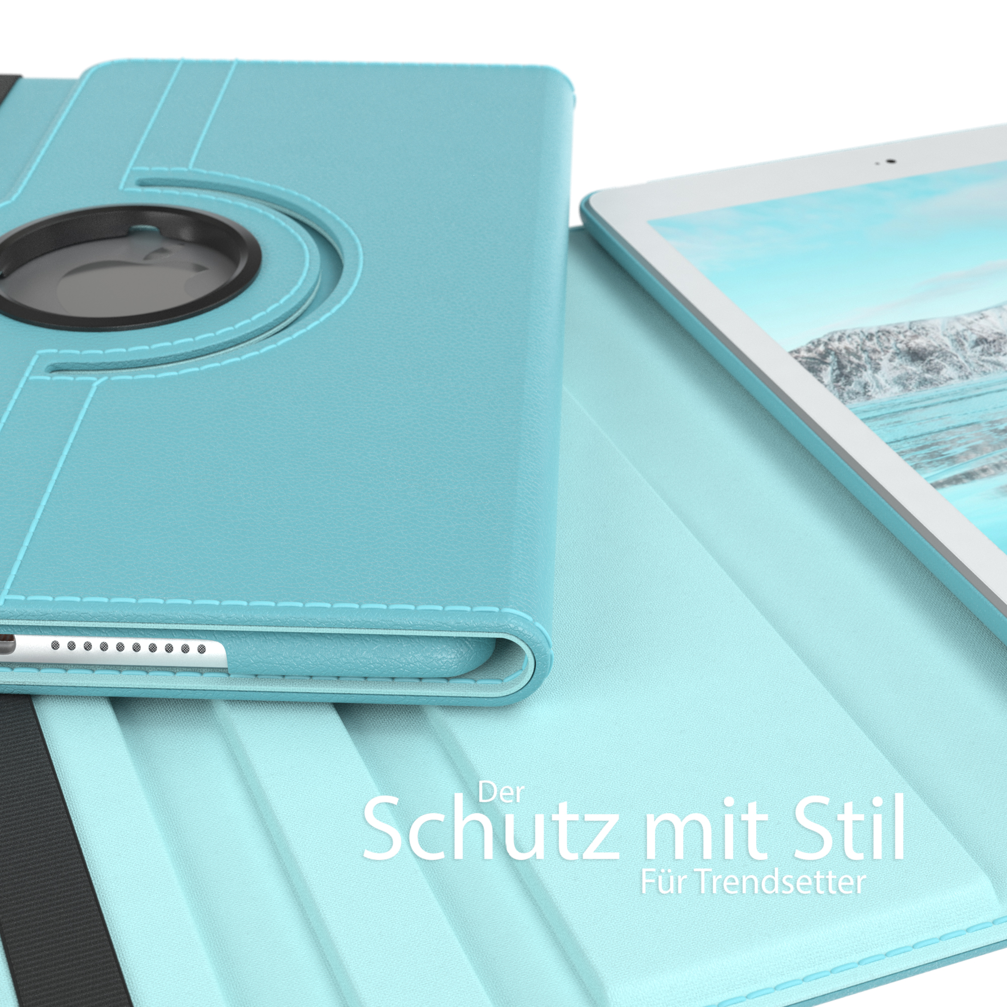Blaue Tablet-Hülle. Tablet in der Hülle, blauer Hintergrund, mit dem EAZY CASE Logo.