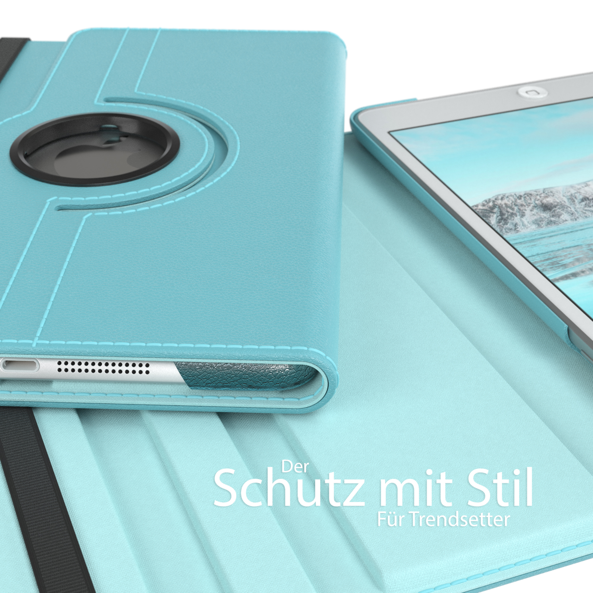 Eine türkisfarbene Tablethülle offen, mit einem Tablet darin. Text: Der Schutz mit Stil Für Trendsetter.