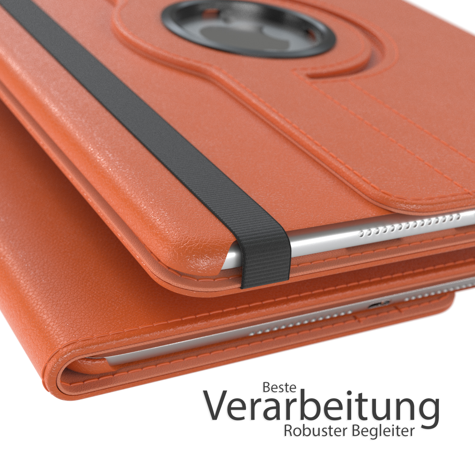 Orangefarbene Tablet-Hülle mit schwarzem Riemen. Text: 'Beste Verarbeitung'.