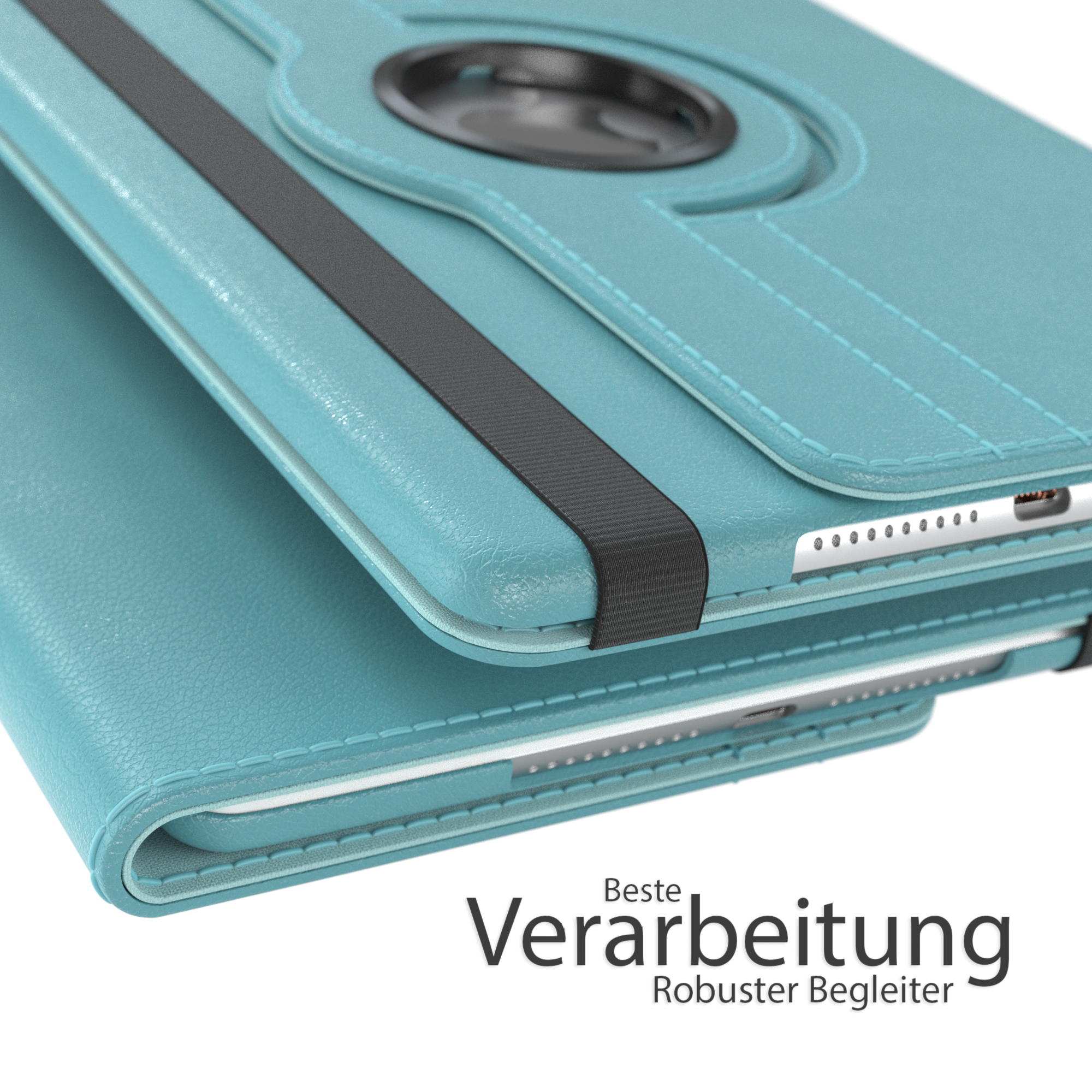 Nahaufnahme einer blauen Tablethülle. Der Deckel hat einen Drehring und ein schwarzes Gummiband.
