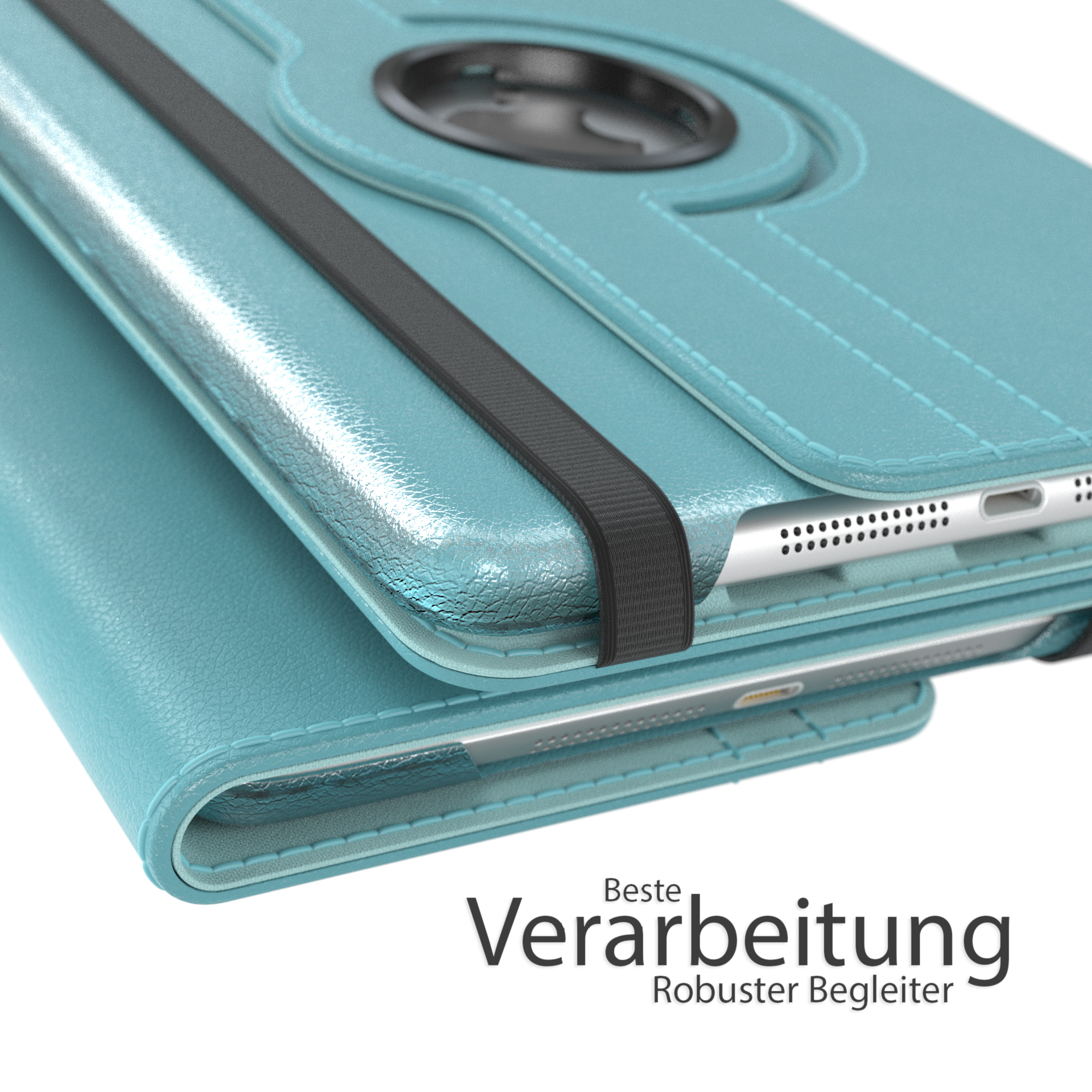 Hellblaue Tablettasche, gefaltet, mit schwarzem Riemen. Text auf der Oberfläche.
