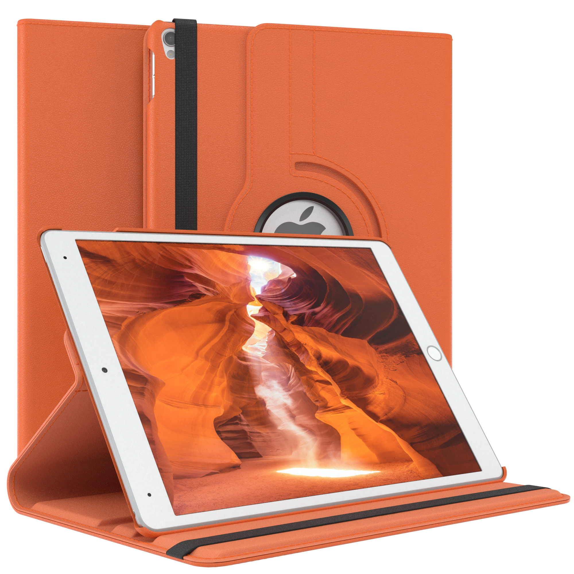 Oranges Tablet in orangefarbener Hülle. Der Bildschirm zeigt eine Canyon-Szene.