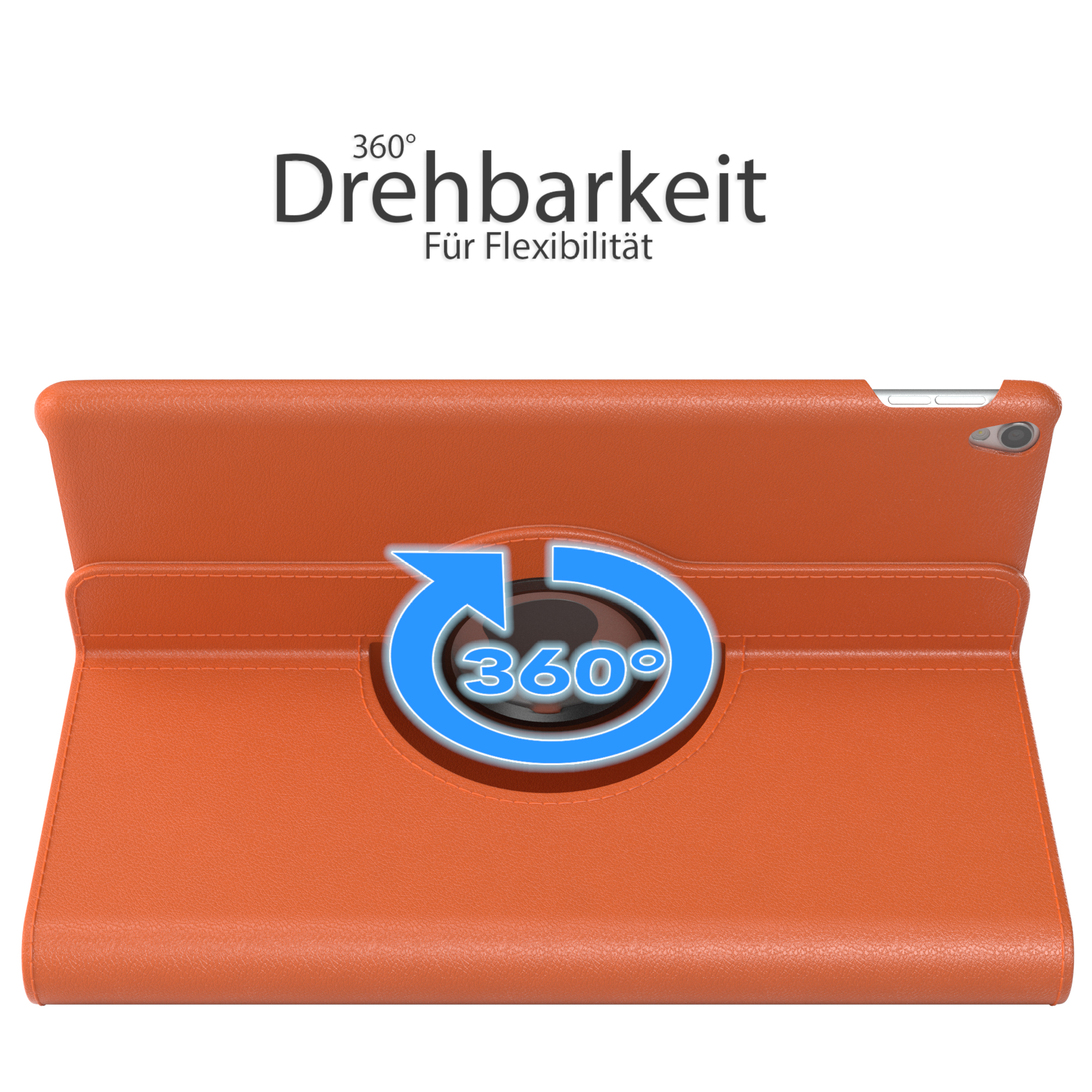 Eine orange Tablet-Hülle mit einem Drehkreis und einem 360-Grad-Pfeil. Weißer Hintergrund.