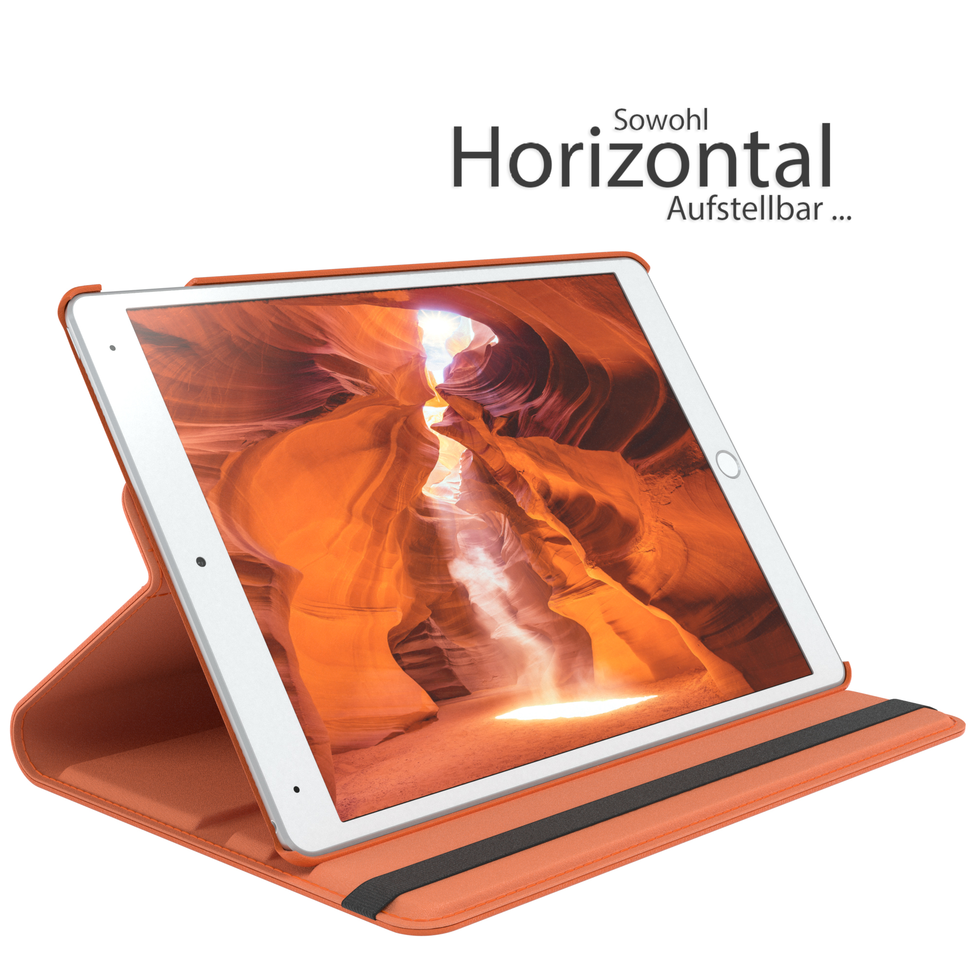 Oranges Tablet in einem Ständer, abgewinkelt. Der Bildschirm zeigt einen Canyon. Text sagt, dass es horizontal verwendet werden kann.