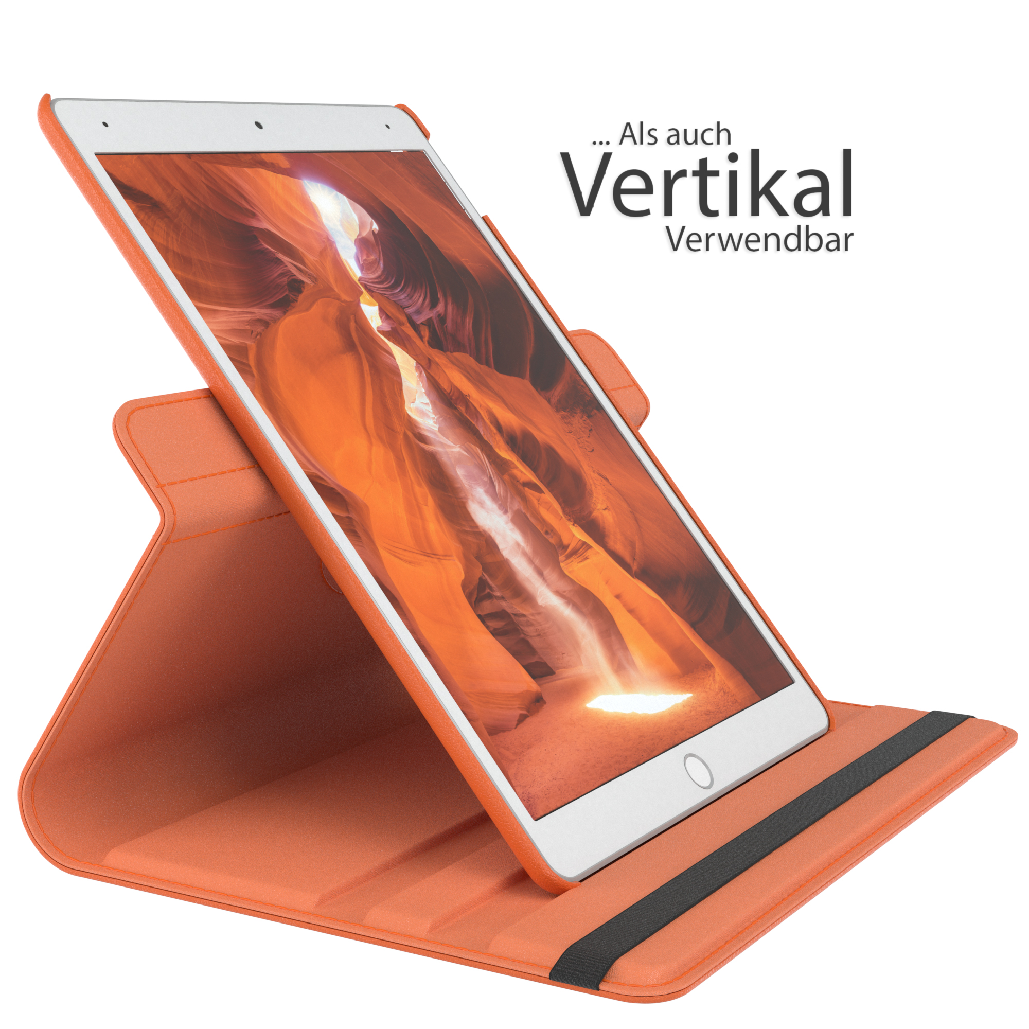Oranges Tablet in oranger Hülle, zeigt Canyonbild.