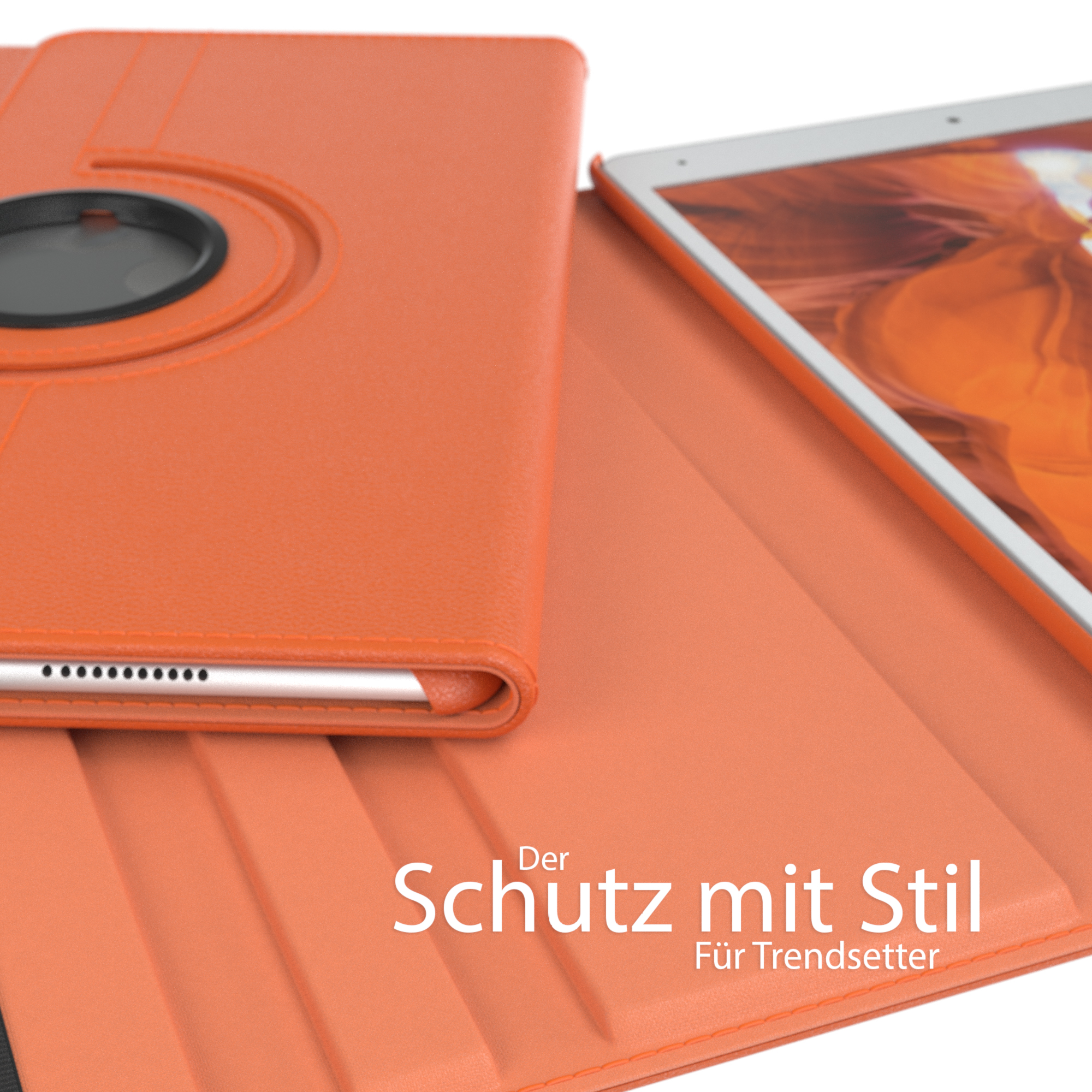 Orangene Tablethülle, zeigt die Innenseite und ein Tablet. Text sagt 'Schutz mit Stil'.