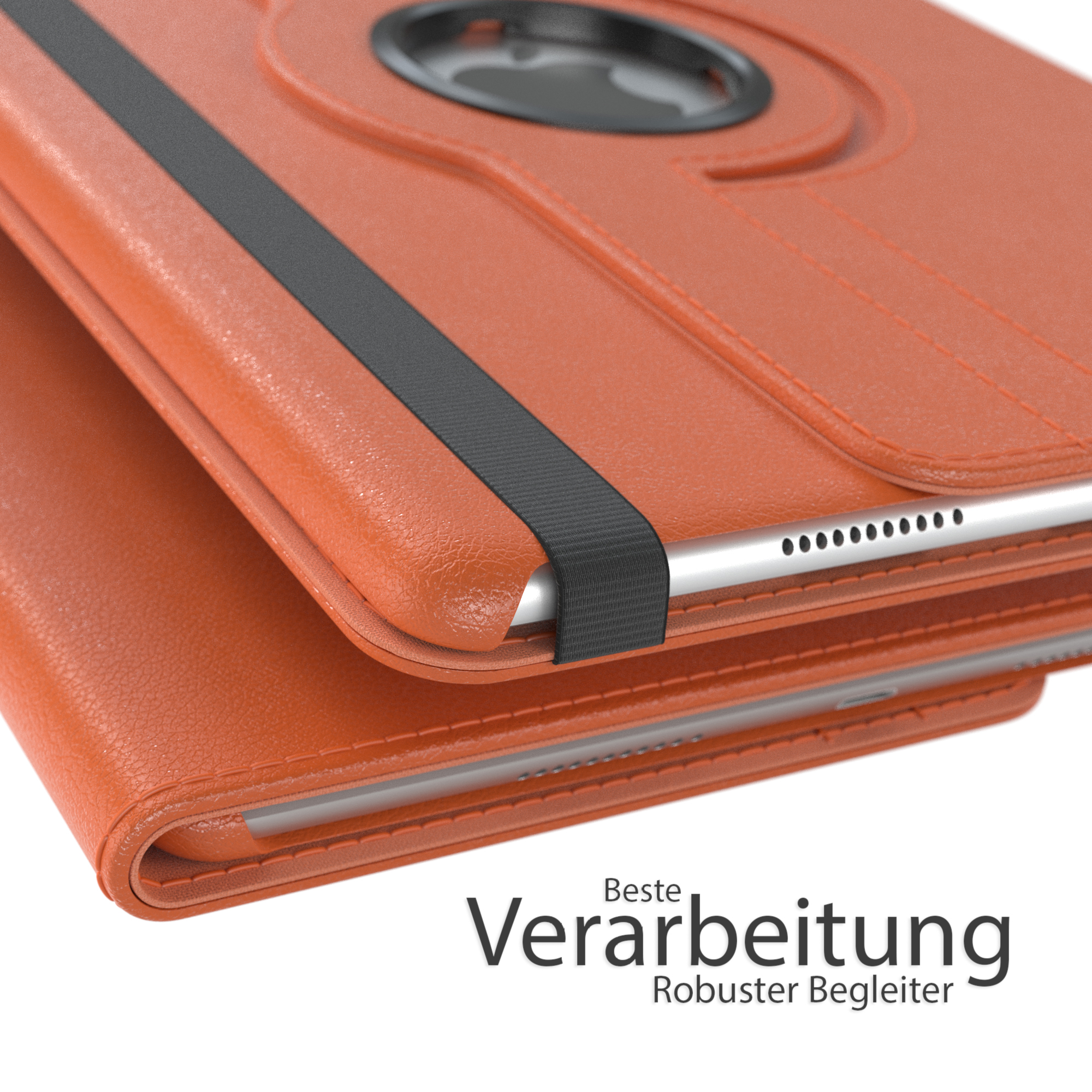 Orangefarbene Tablethülle mit schwarzem Band. Zeigt die Oberseite und die Details der Hülle.