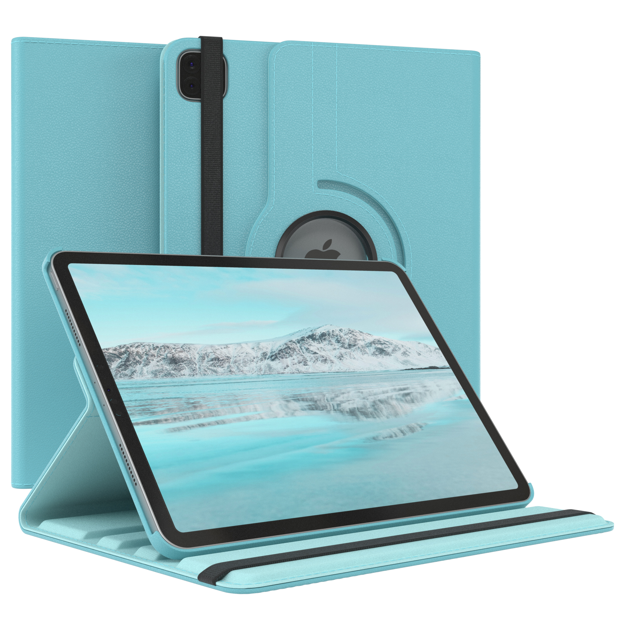 Ein türkisfarbenes Tablet in einer Hülle, das eine schneebedeckte Berglandschaft auf dem Bildschirm zeigt.