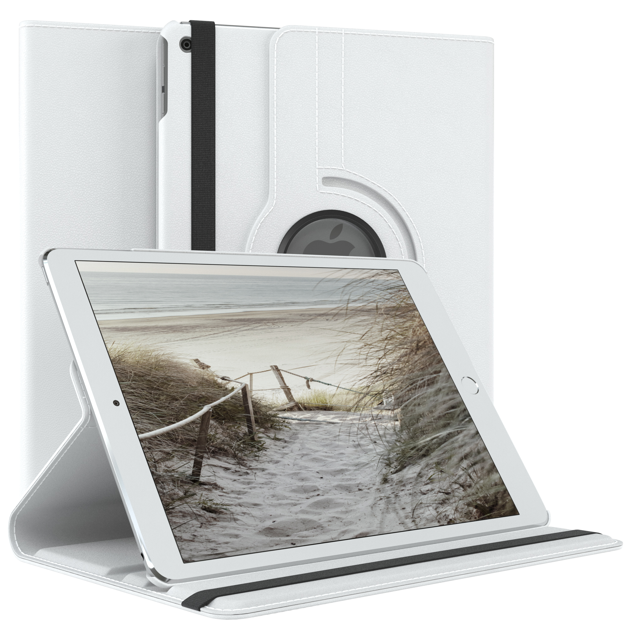 Weißes Tablet in weißem Case mit Landschaftsbild auf dem Bildschirm, weißes Case auf weißem Hintergrund.