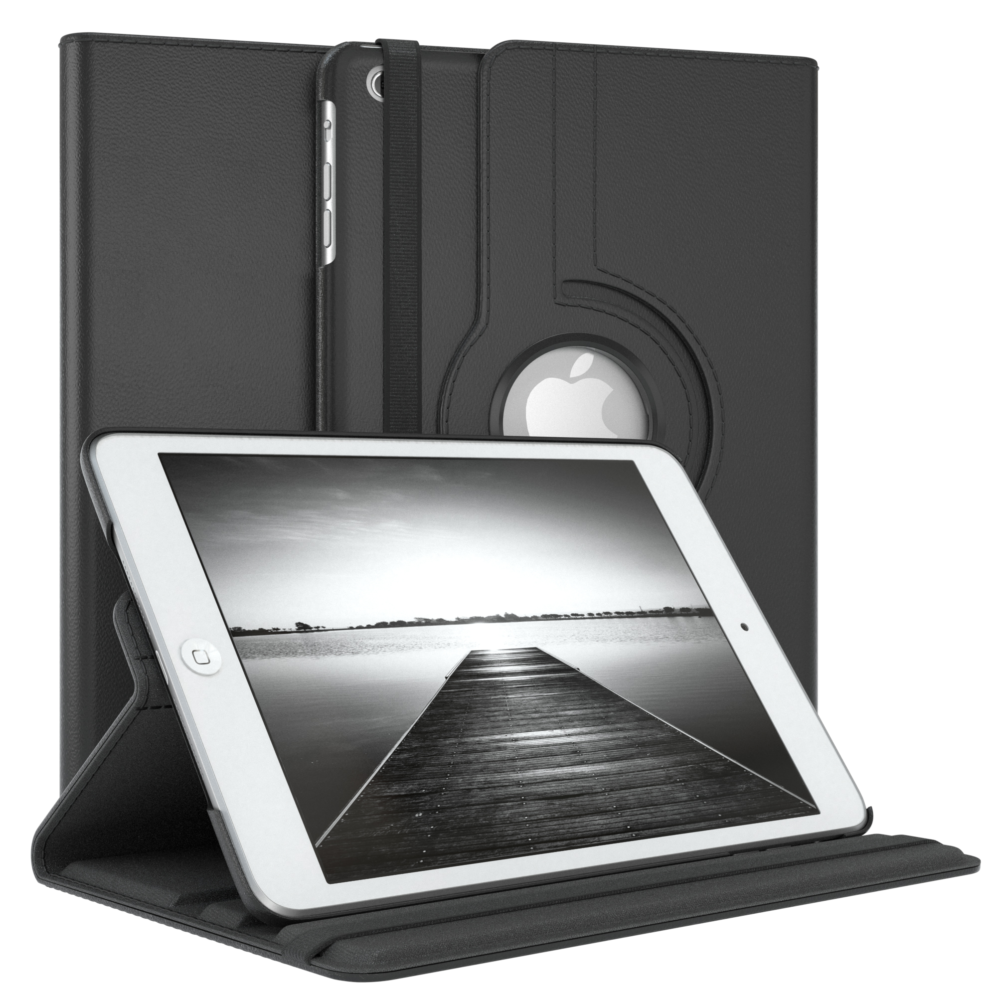 Schwarzes Tablet in einer schwarzen Hülle. Das Tablet zeigt einen Holzsteg über einem See.